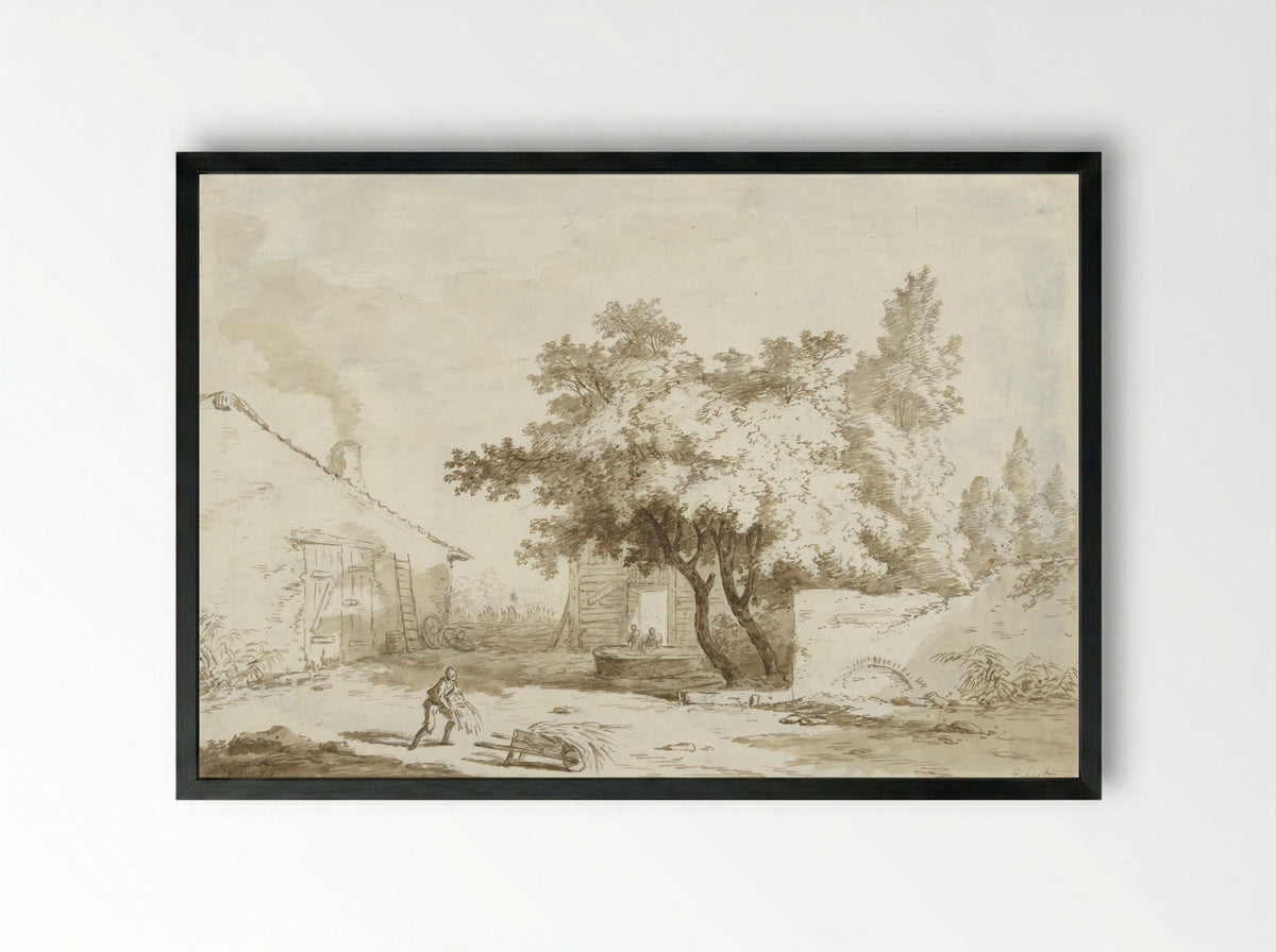 Boerenhoeve met grote bomen en mensen - Charles Echard - Framed Print Black