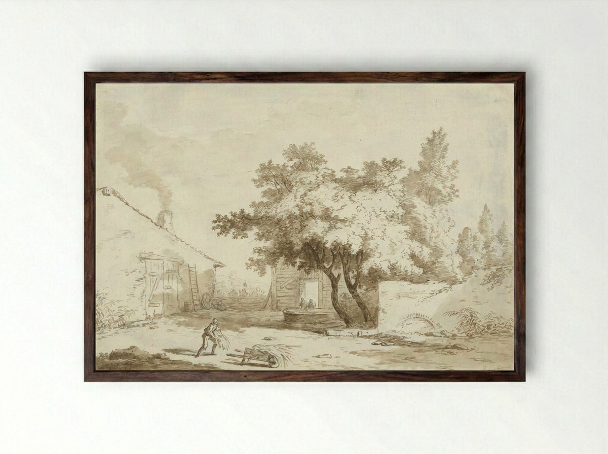 Boerenhoeve met grote bomen en mensen - Charles Echard - Framed Print Dark Wood