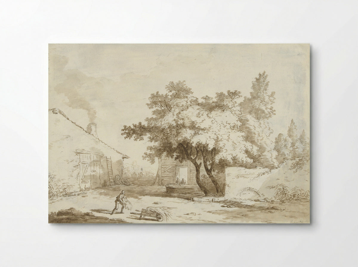 Boerenhoeve met grote bomen en mensen - Charles Echard - Poster