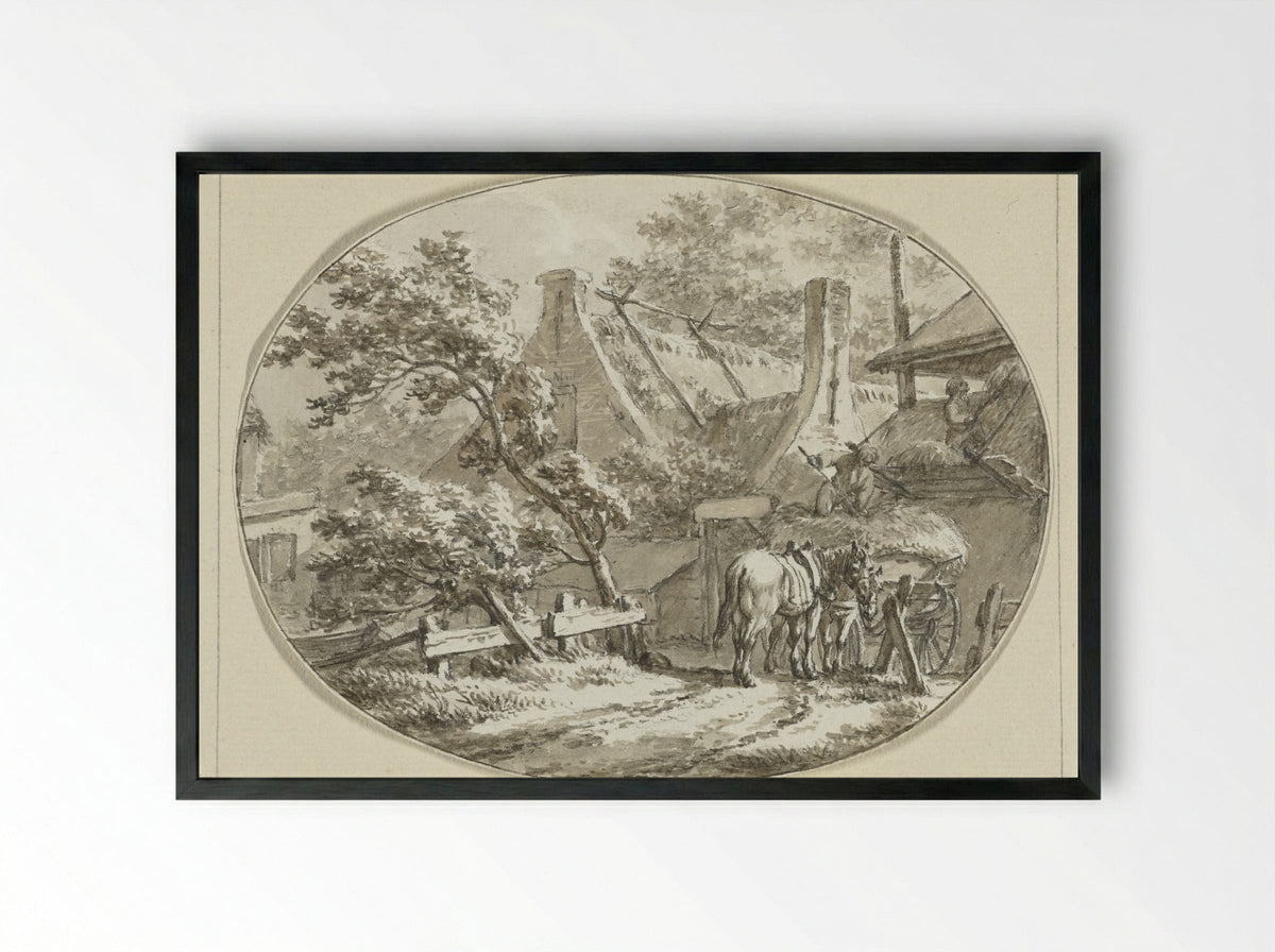 Boerenhuis met landlieden bij hooiwagen en hooiberg - Jacob Cats - Framed Print Black