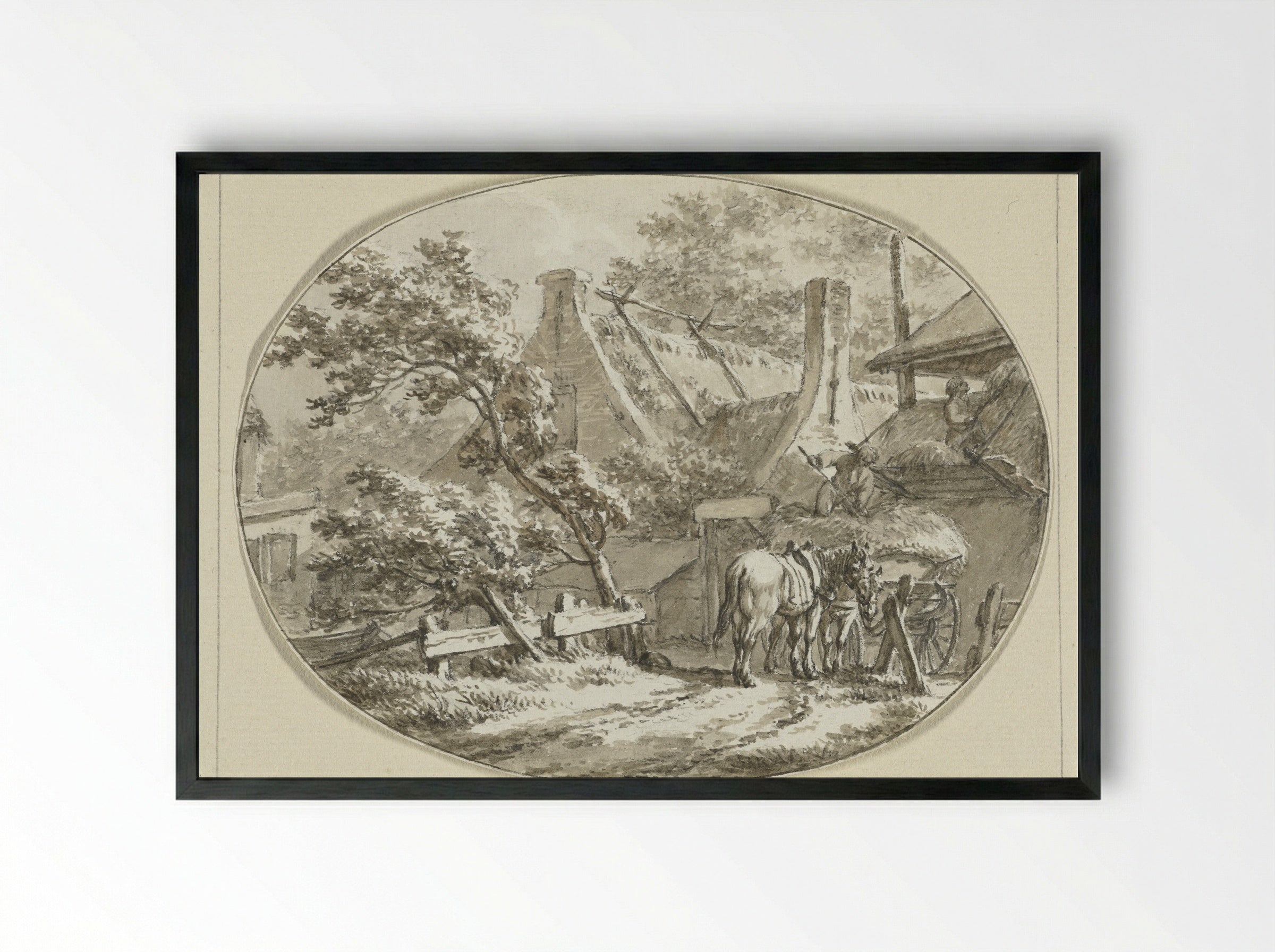 Boerenhuis met landlieden bij hooiwagen en hooiberg - Jacob Cats - Framed Print Black