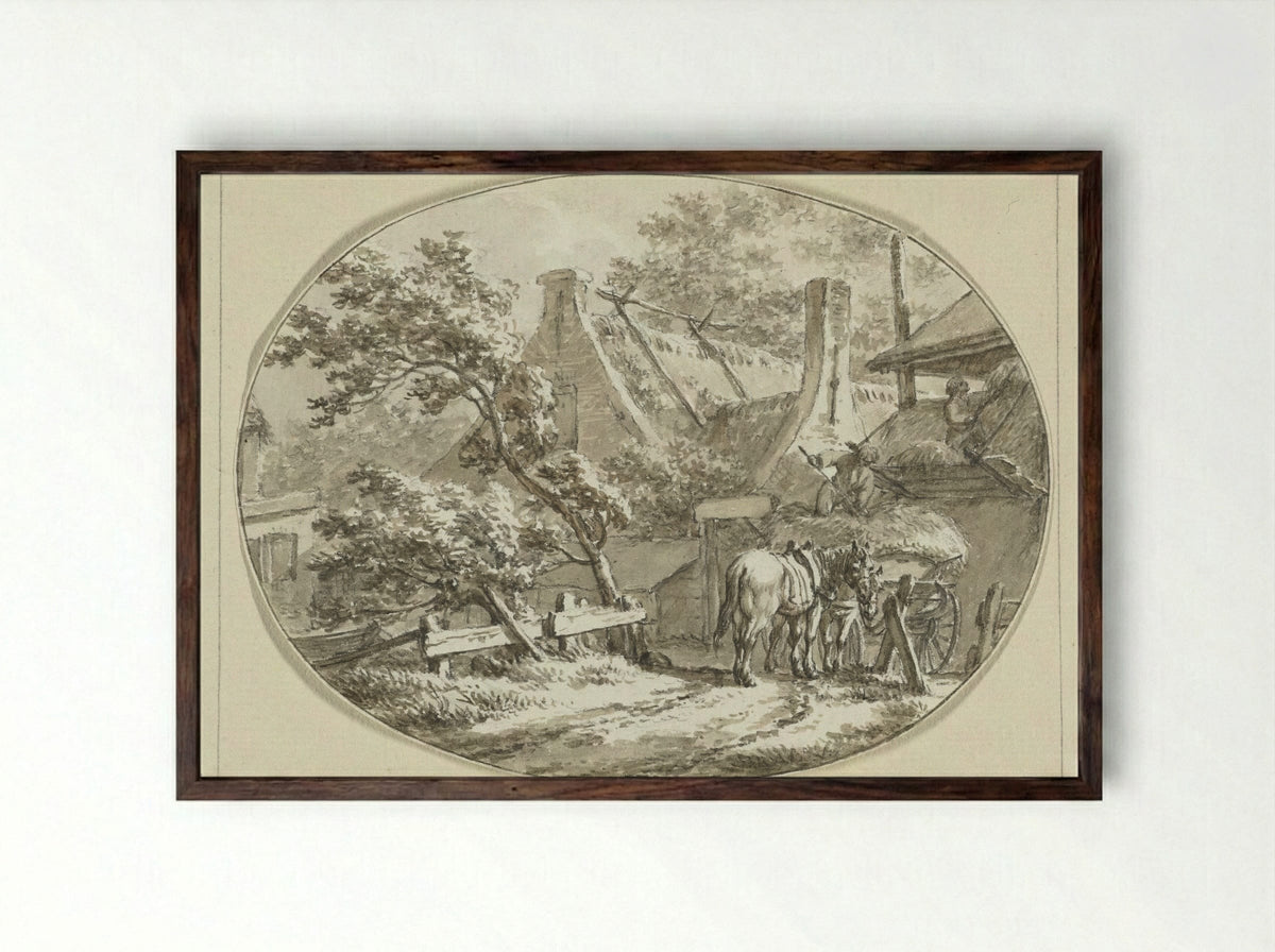 Boerenhuis met landlieden bij hooiwagen en hooiberg - Jacob Cats - Framed Print Dark Wood