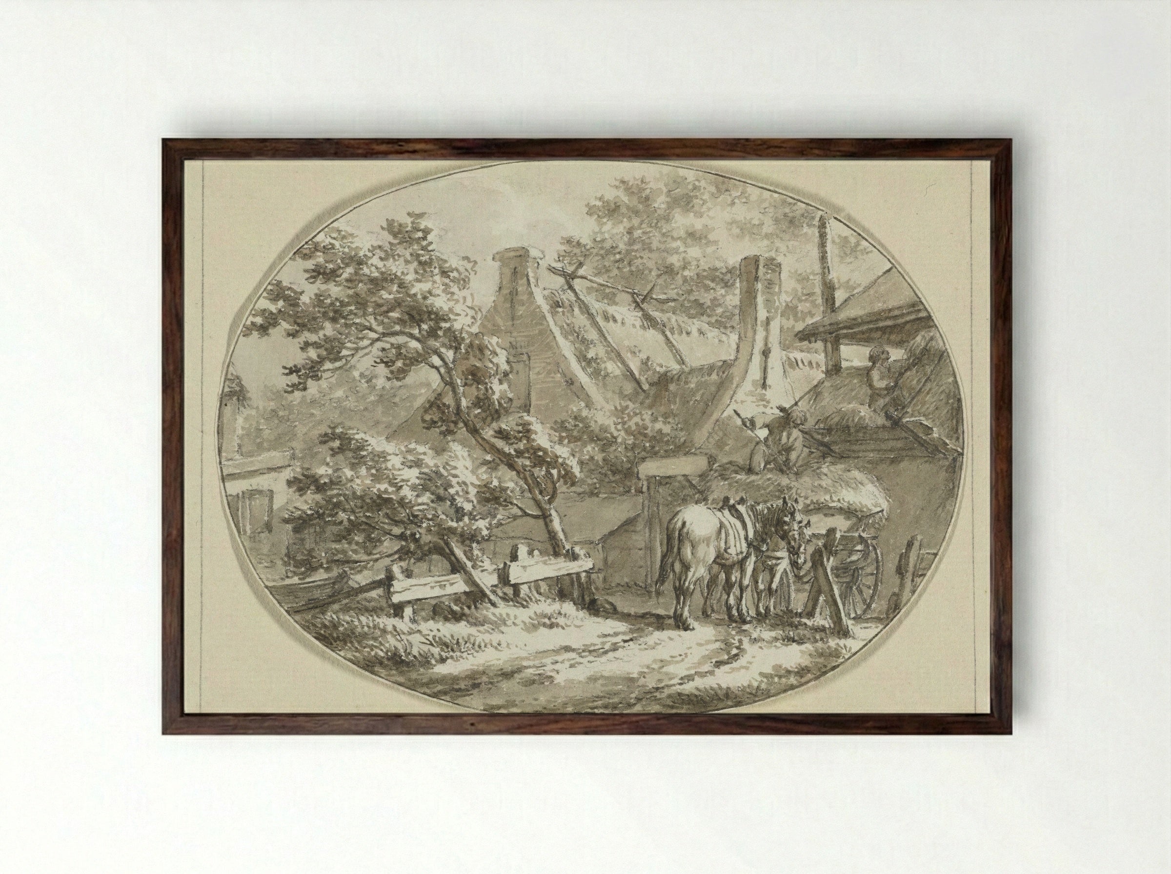 Boerenhuis met landlieden bij hooiwagen en hooiberg - Jacob Cats - Framed Print Dark Wood