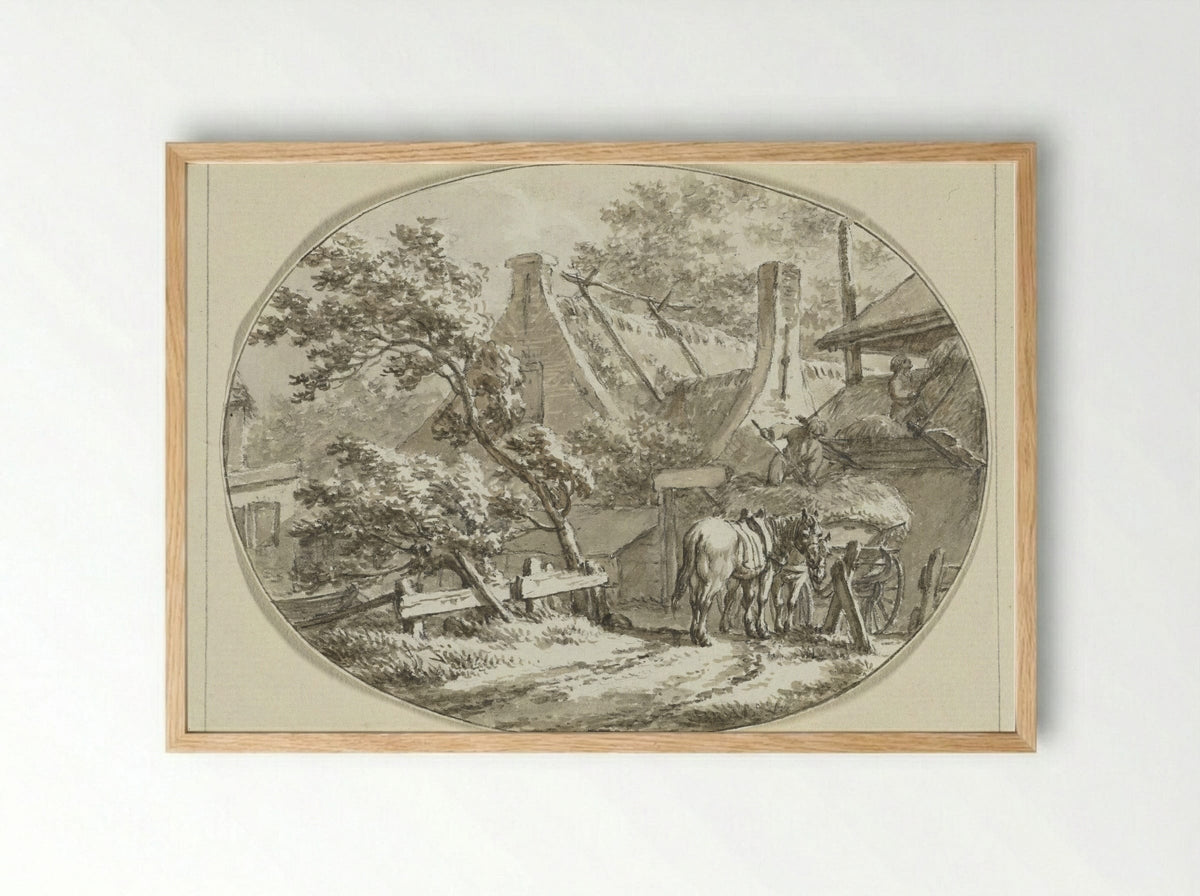 Boerenhuis met landlieden bij hooiwagen en hooiberg - Jacob Cats - Framed Print Wood