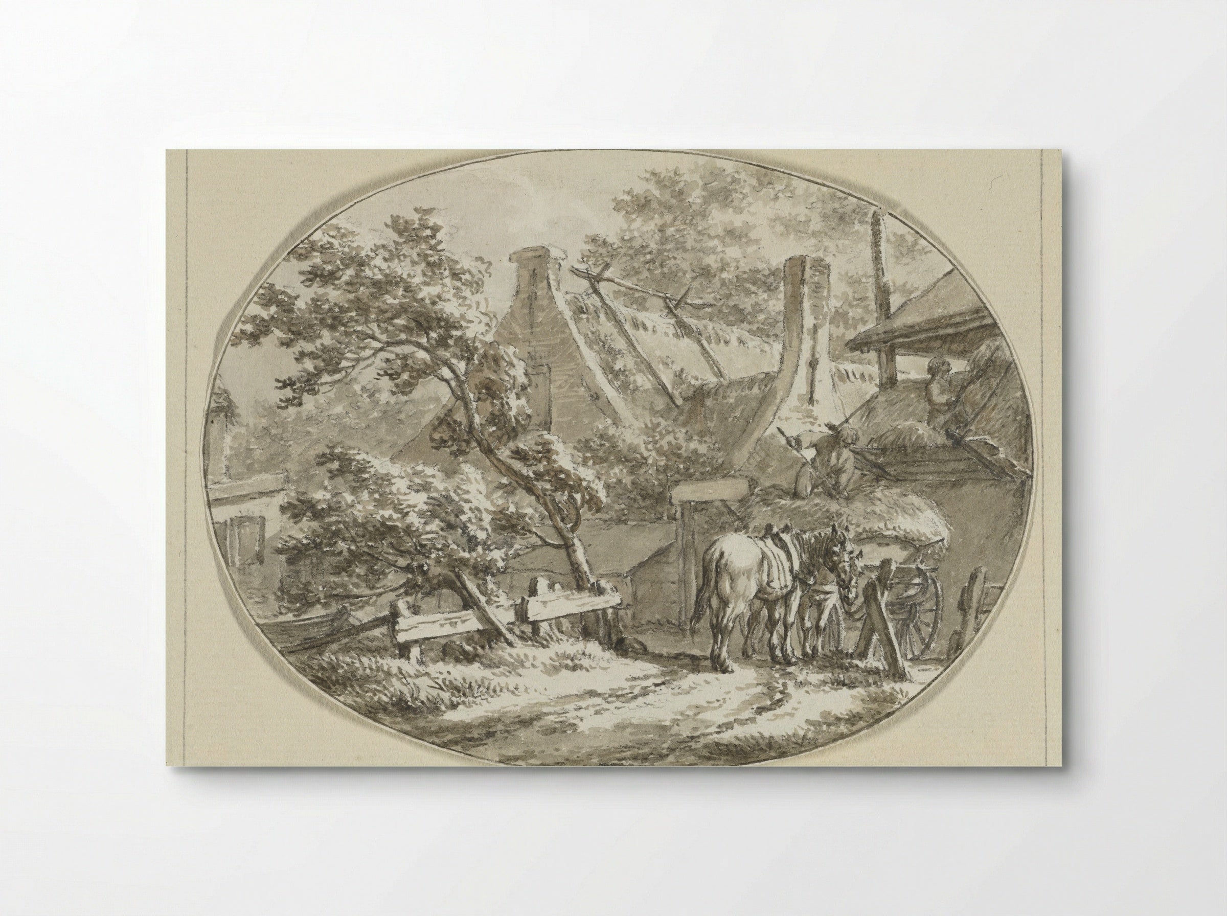 Boerenhuis met landlieden bij hooiwagen en hooiberg - Jacob Cats - Poster