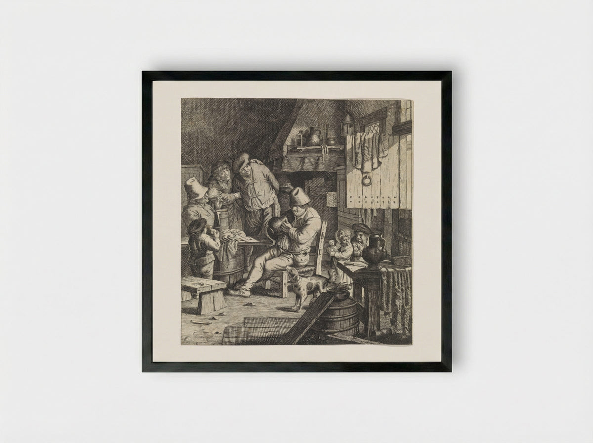 Boereninterieur met een boer met een kruik in handen - Justus van den Nijpoort - Framed Print Black