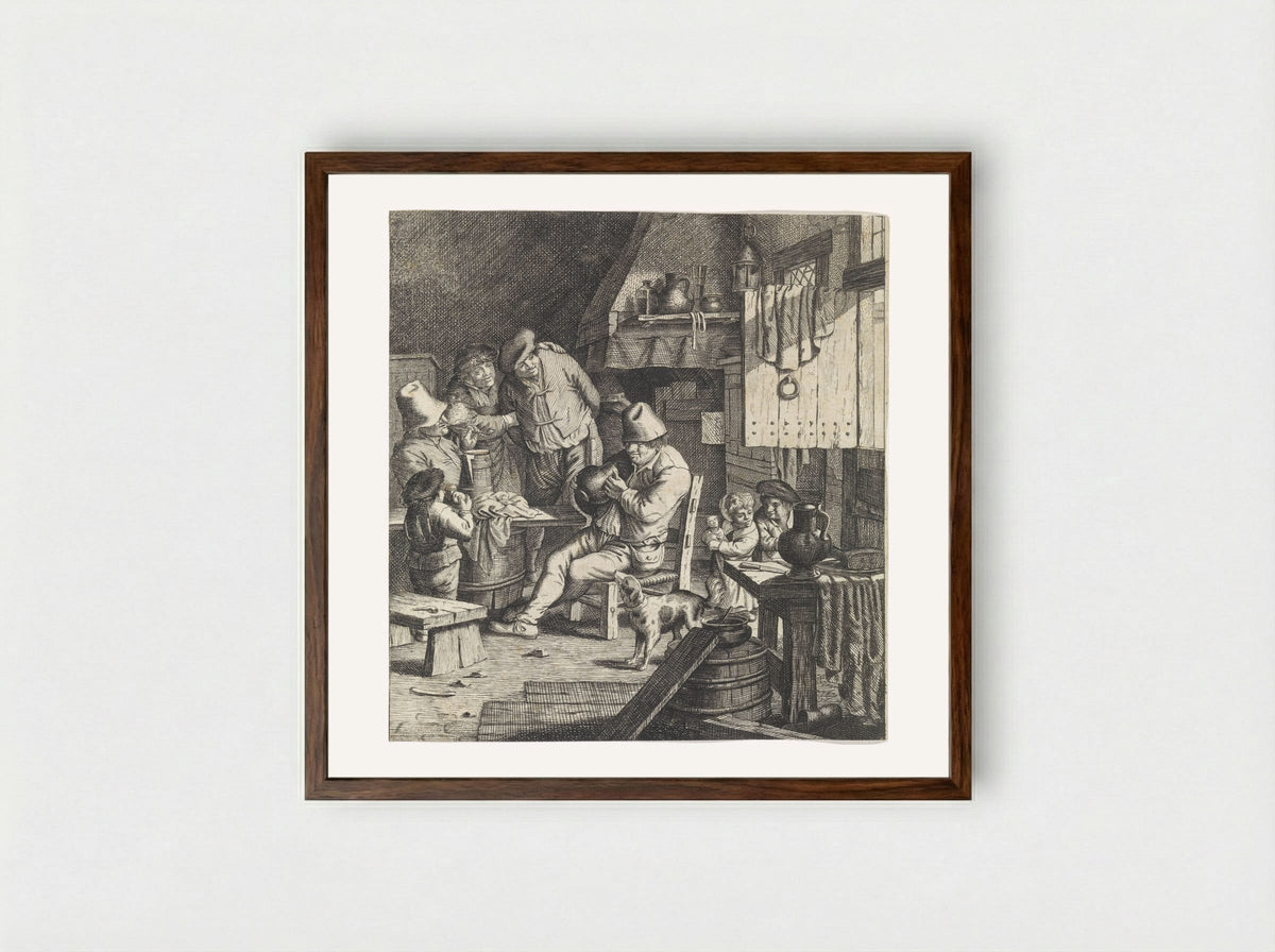 Boereninterieur met een boer met een kruik in handen - Justus van den Nijpoort - Framed Print Dark Wood