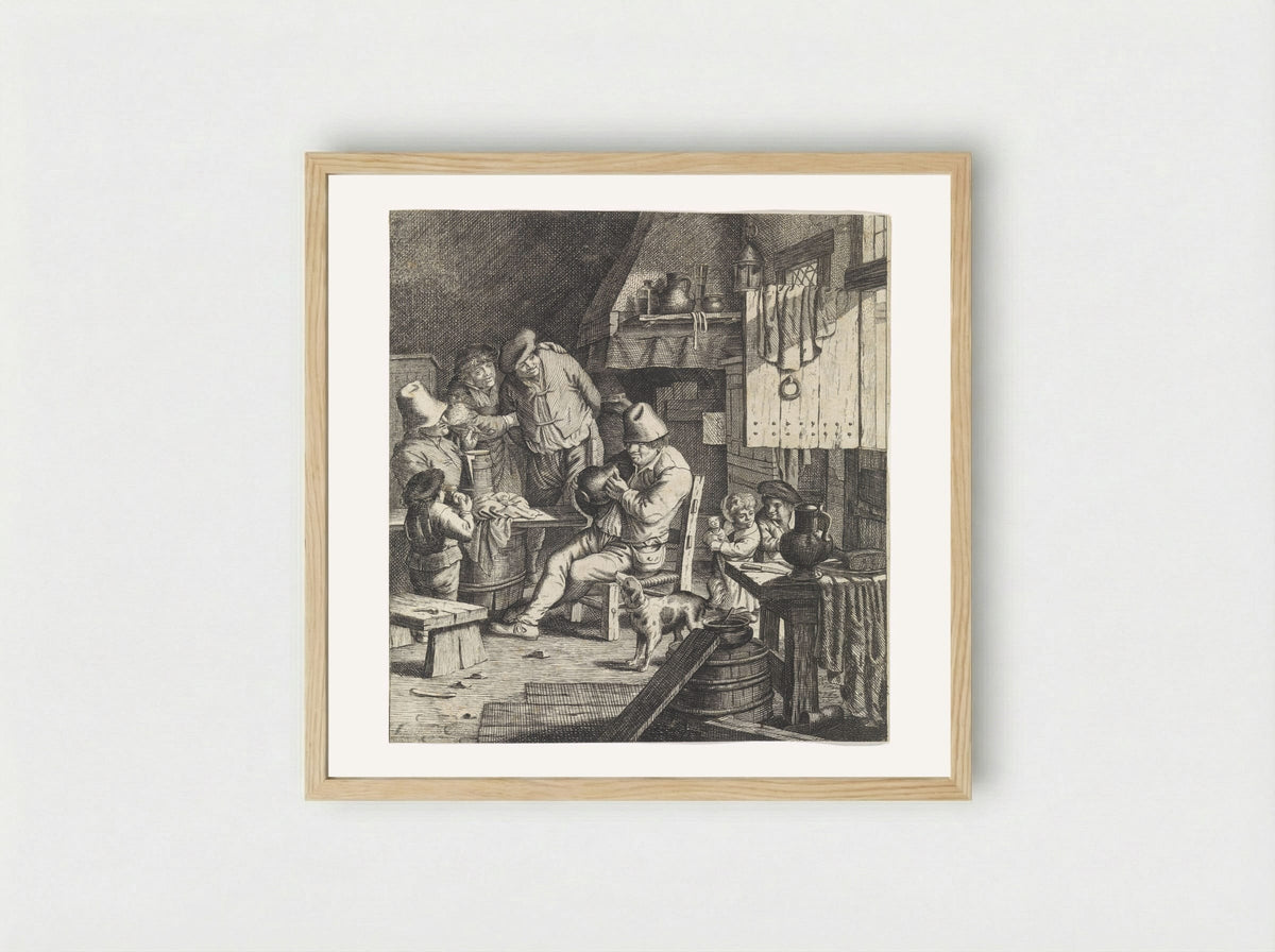 Boereninterieur met een boer met een kruik in handen - Justus van den Nijpoort - Framed Print Wood