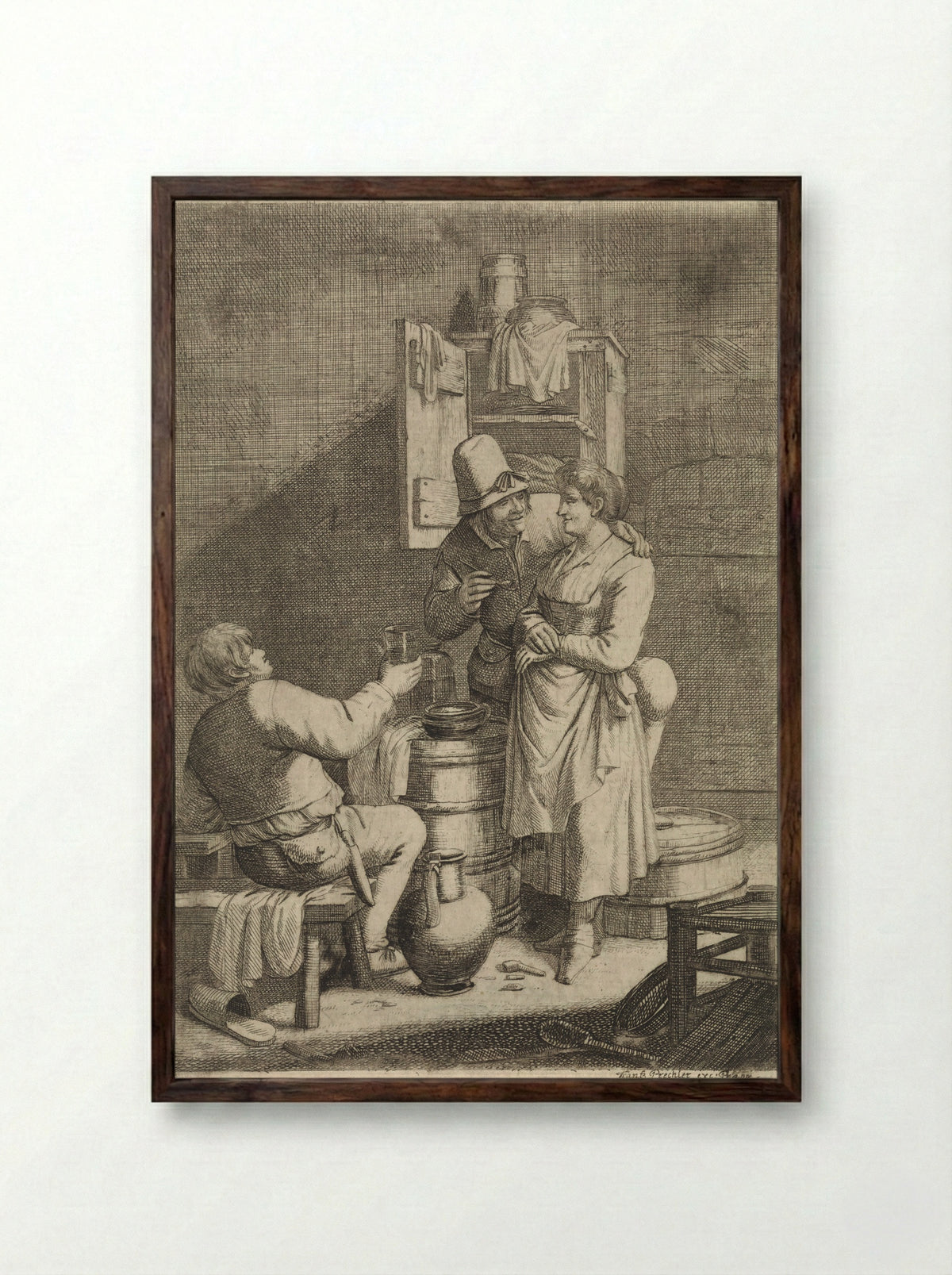 Boerenpaar en een man met een glas - Justus van den Nijpoort - Framed Print Dark Wood