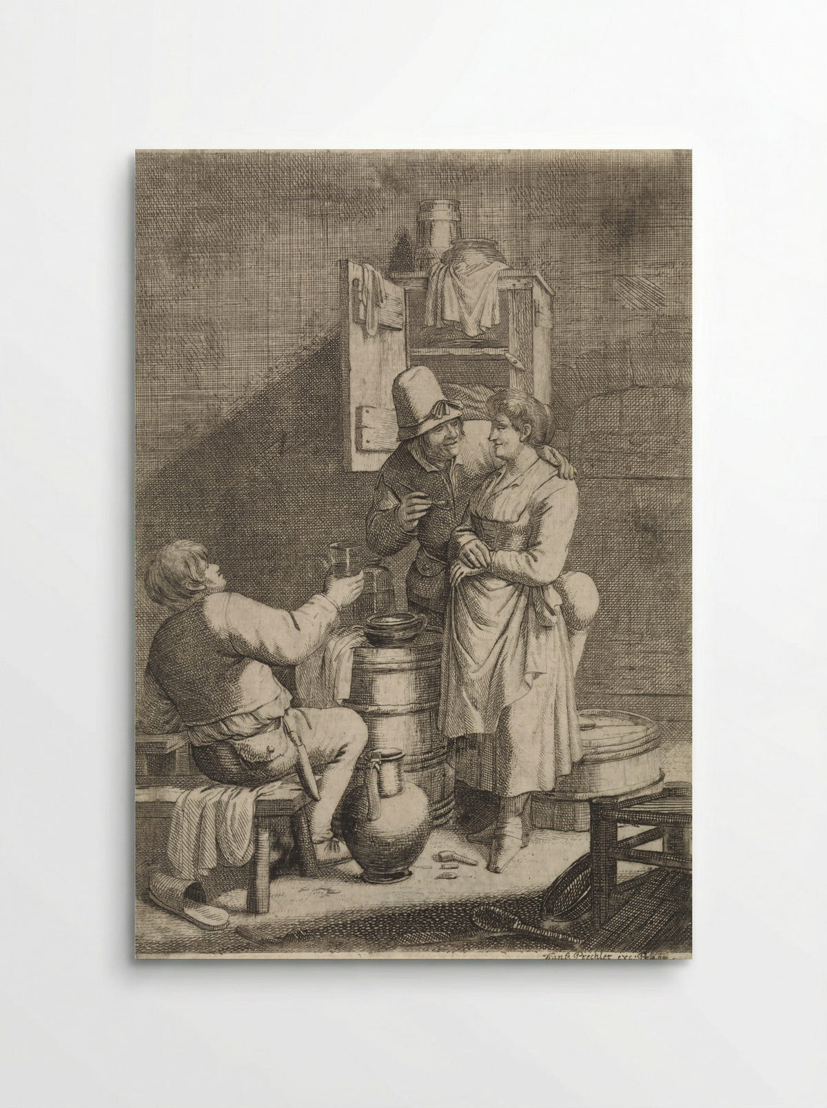 Boerenpaar en een man met een glas - Justus van den Nijpoort - Poster
