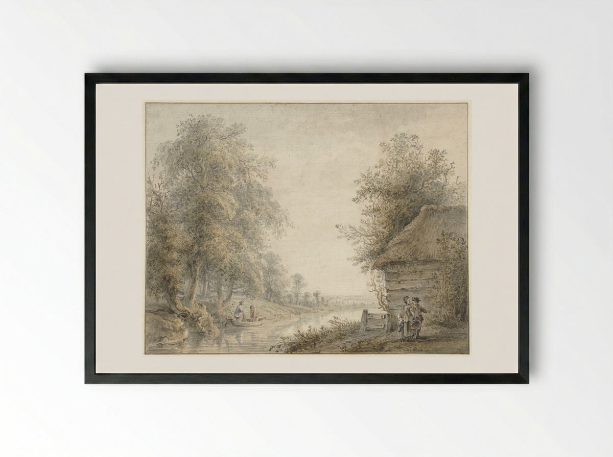 Boerenschuur bij een vaart aan een boszoom - Jacobus Versteegen - Framed Print Black