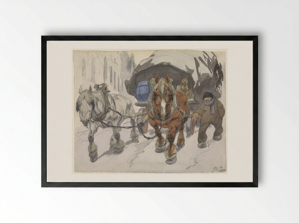 Boerenwagen met twee paarden ervoor - Alfred Ost - Framed Print Black