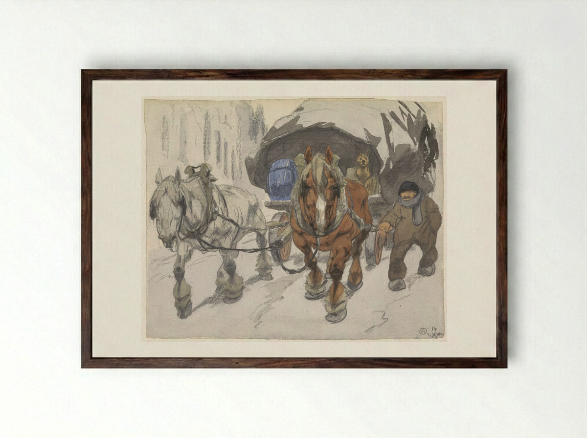 Boerenwagen met twee paarden ervoor - Alfred Ost - Framed Print Dark Wood