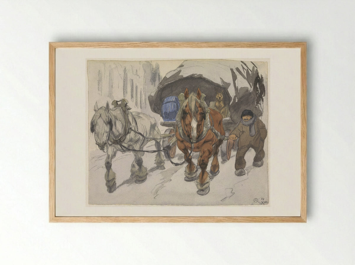 Boerenwagen met twee paarden ervoor - Alfred Ost - Framed Print Wood