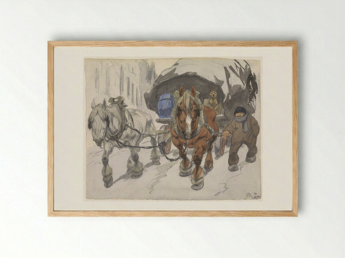Boerenwagen met twee paarden ervoor - Alfred Ost - Framed Print Wood