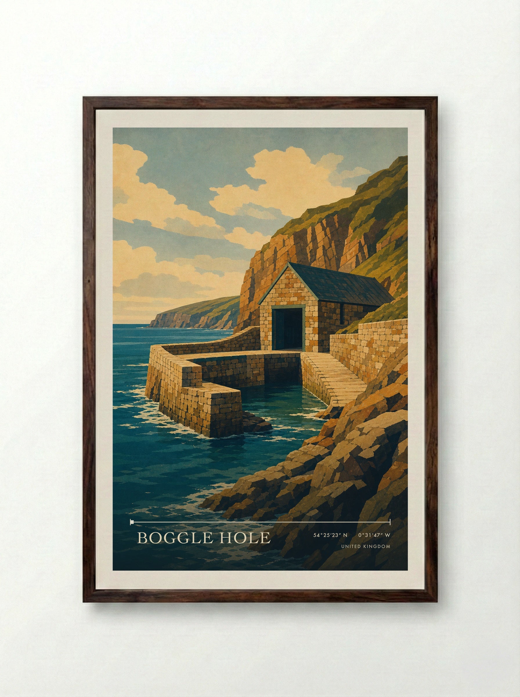 Boggle Hole United Kingdom Travel Poster - Framed Print Dark Wood