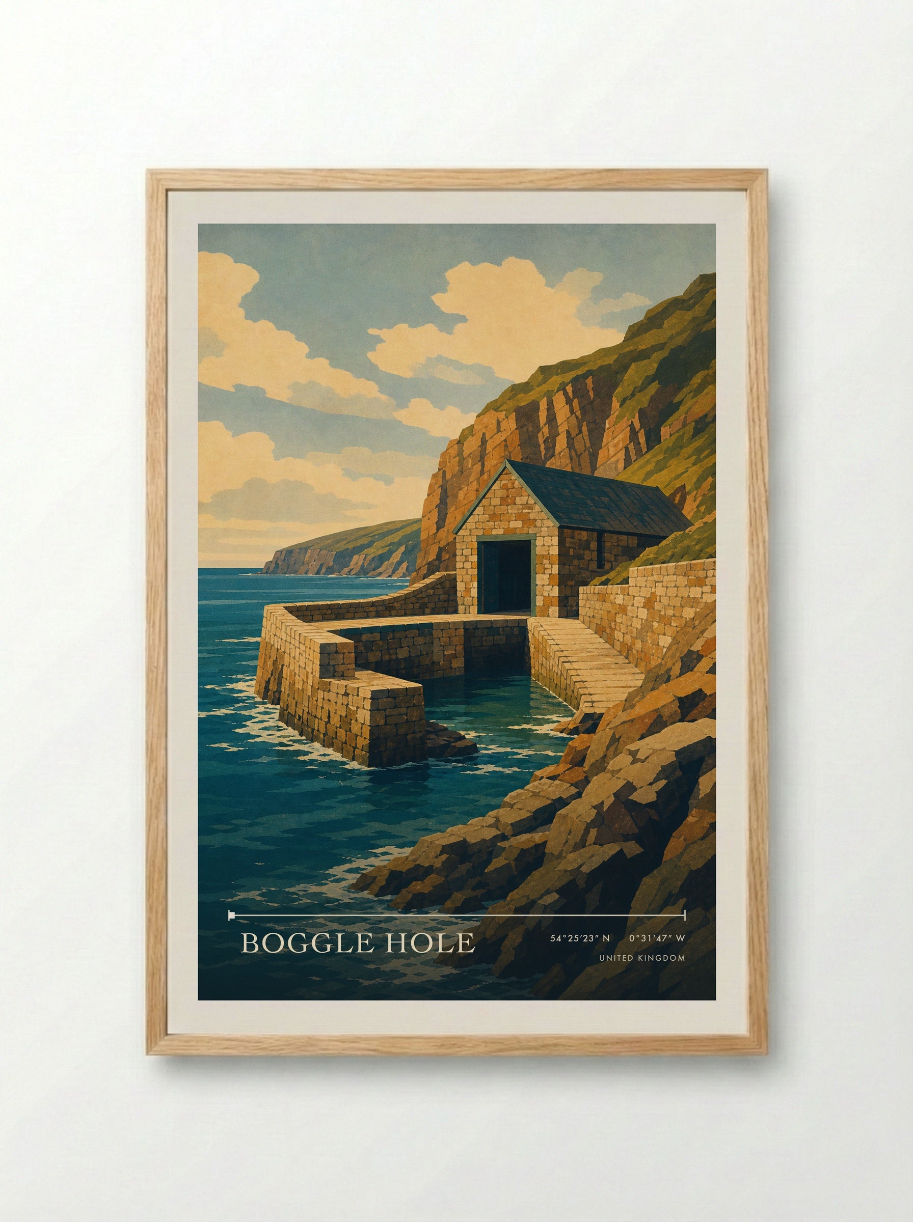 Boggle Hole United Kingdom Travel Poster - Framed Print Wood