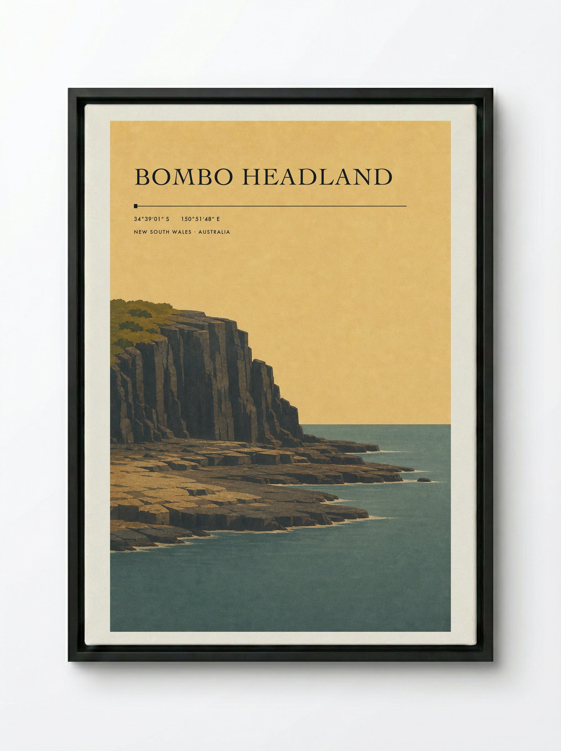 Bombo Headland Travel Poster Artwork - Framed Canvas Black