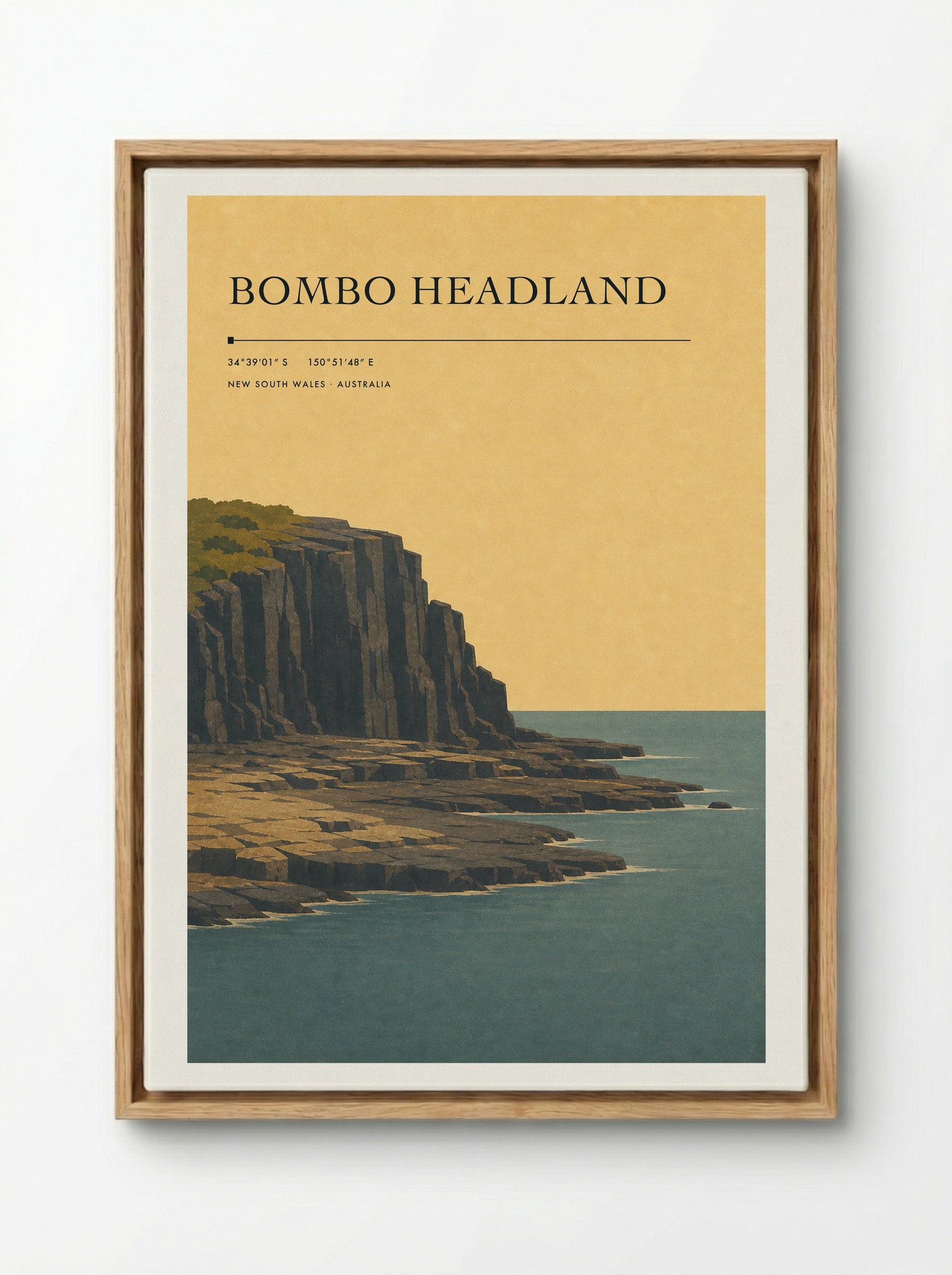 Bombo Headland Travel Poster Artwork - Framed Canvas Wood