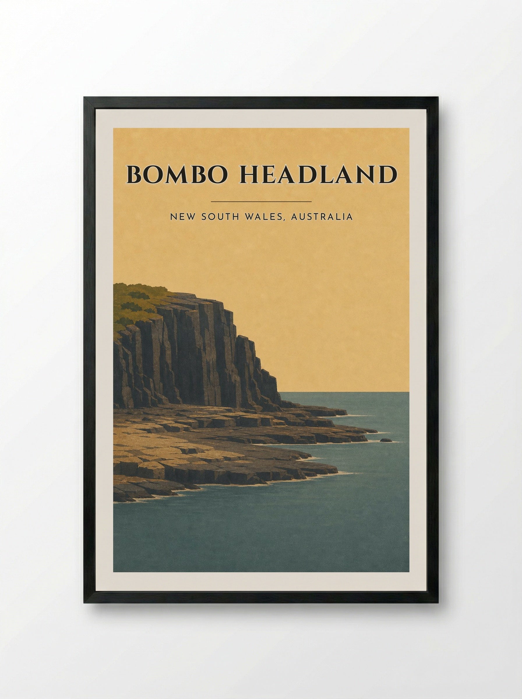 Bombo Headland Travel Poster Artwork - Framed Print Black
