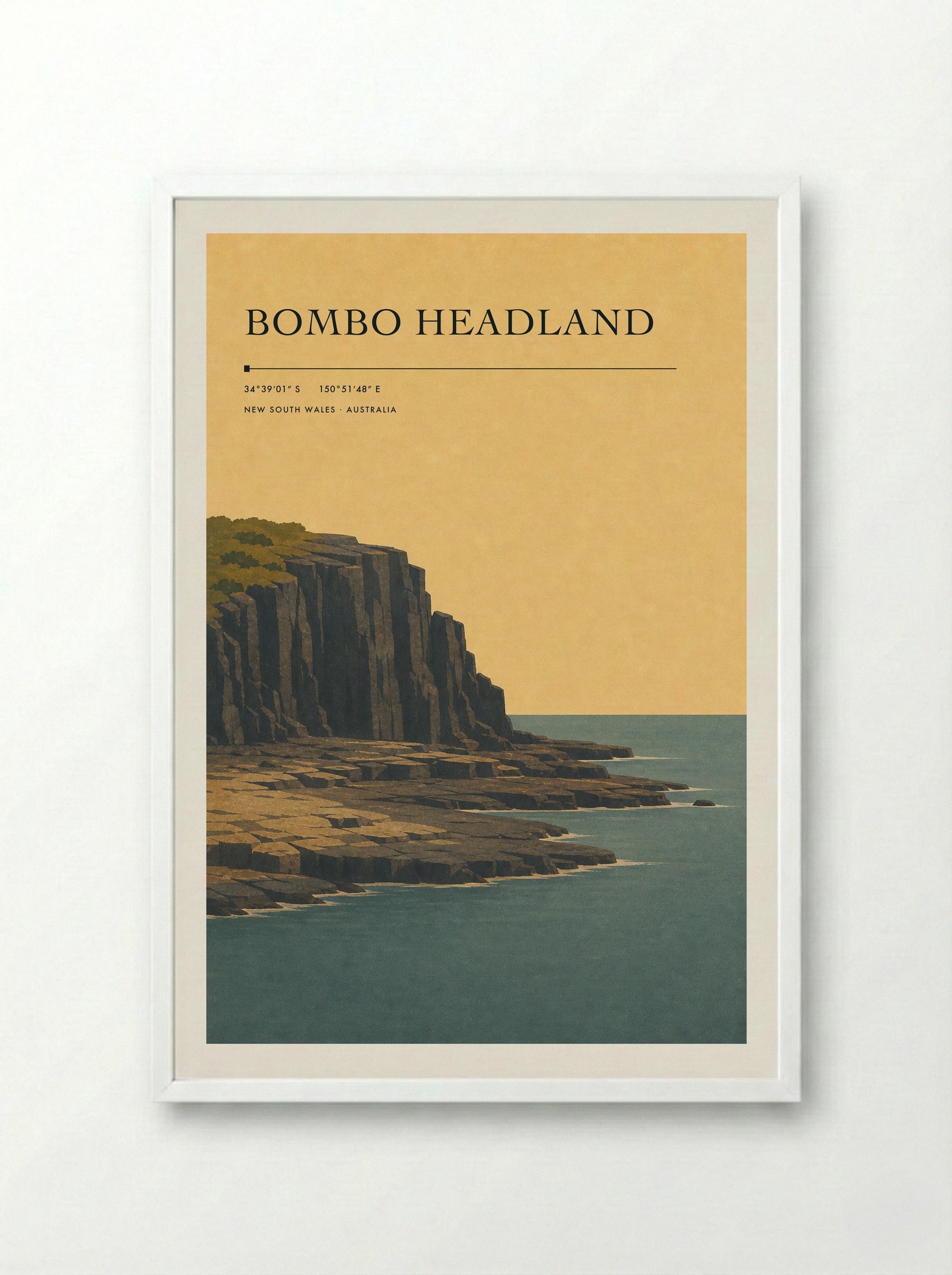 Bombo Headland Travel Poster Artwork - Framed Print White