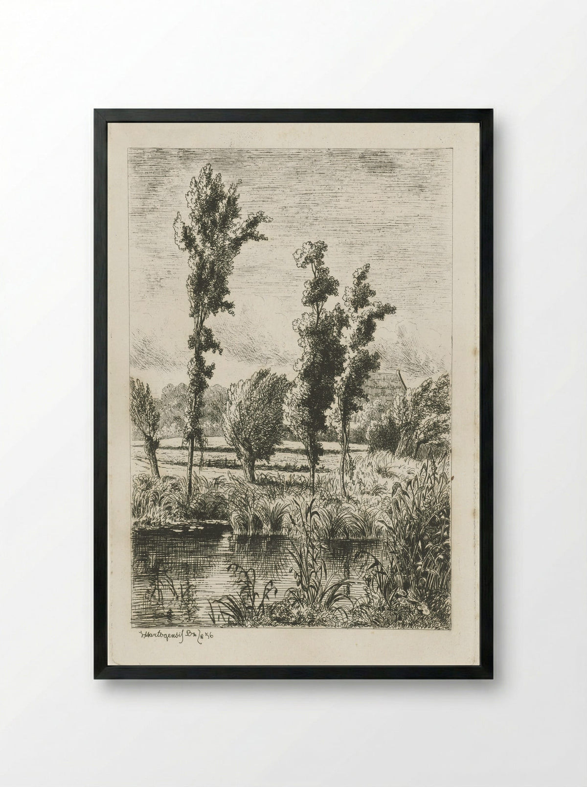 Bomen aan een sloot - Joseph Hartogensis - Framed Print Black