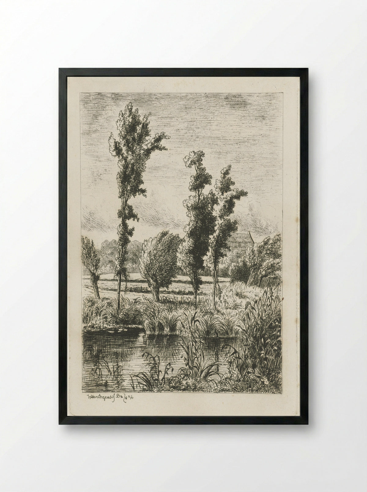 Bomen aan een sloot - Joseph Hartogensis - Framed Print Black