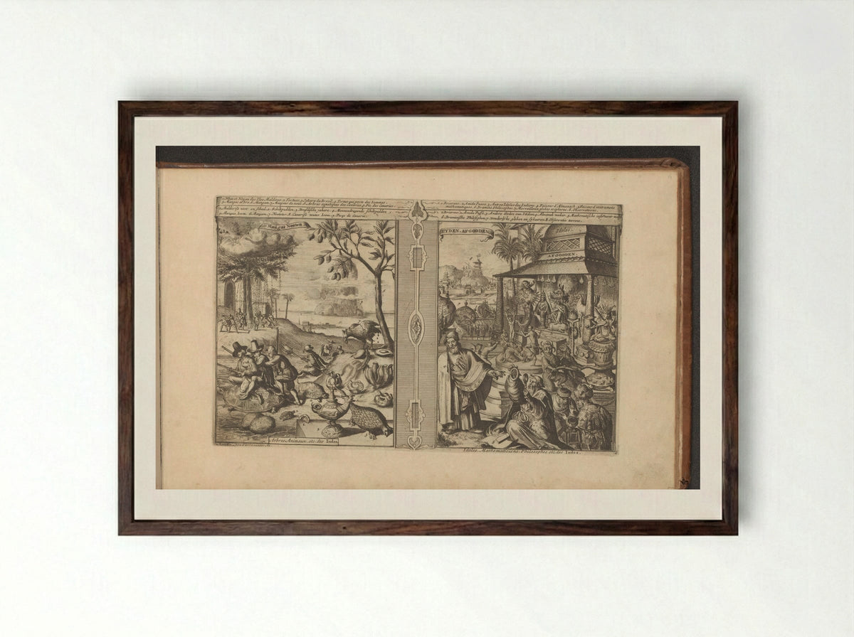 Bomen, dieren en noten; Verering van godsbeelden - Romeyn de Hooghe - Framed Print Dark Wood