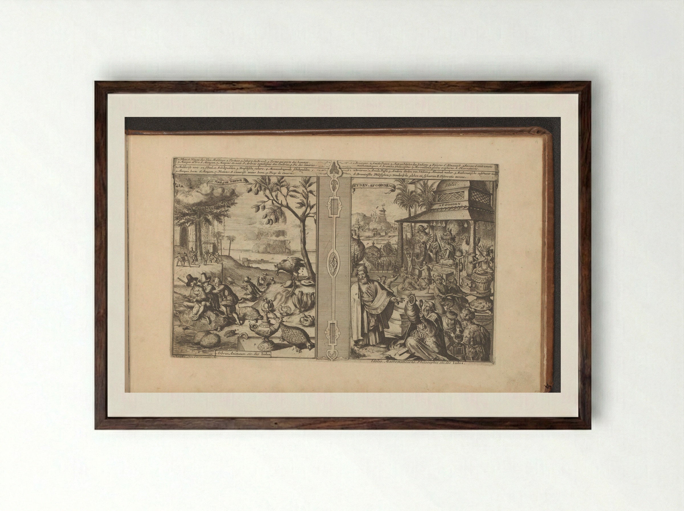 Bomen, dieren en noten; Verering van godsbeelden - Romeyn de Hooghe - Framed Print Dark Wood