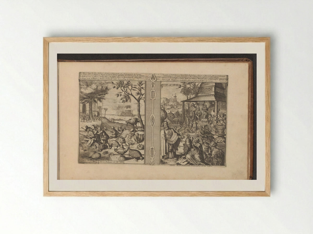 Bomen, dieren en noten; Verering van godsbeelden - Romeyn de Hooghe - Framed Print Wood