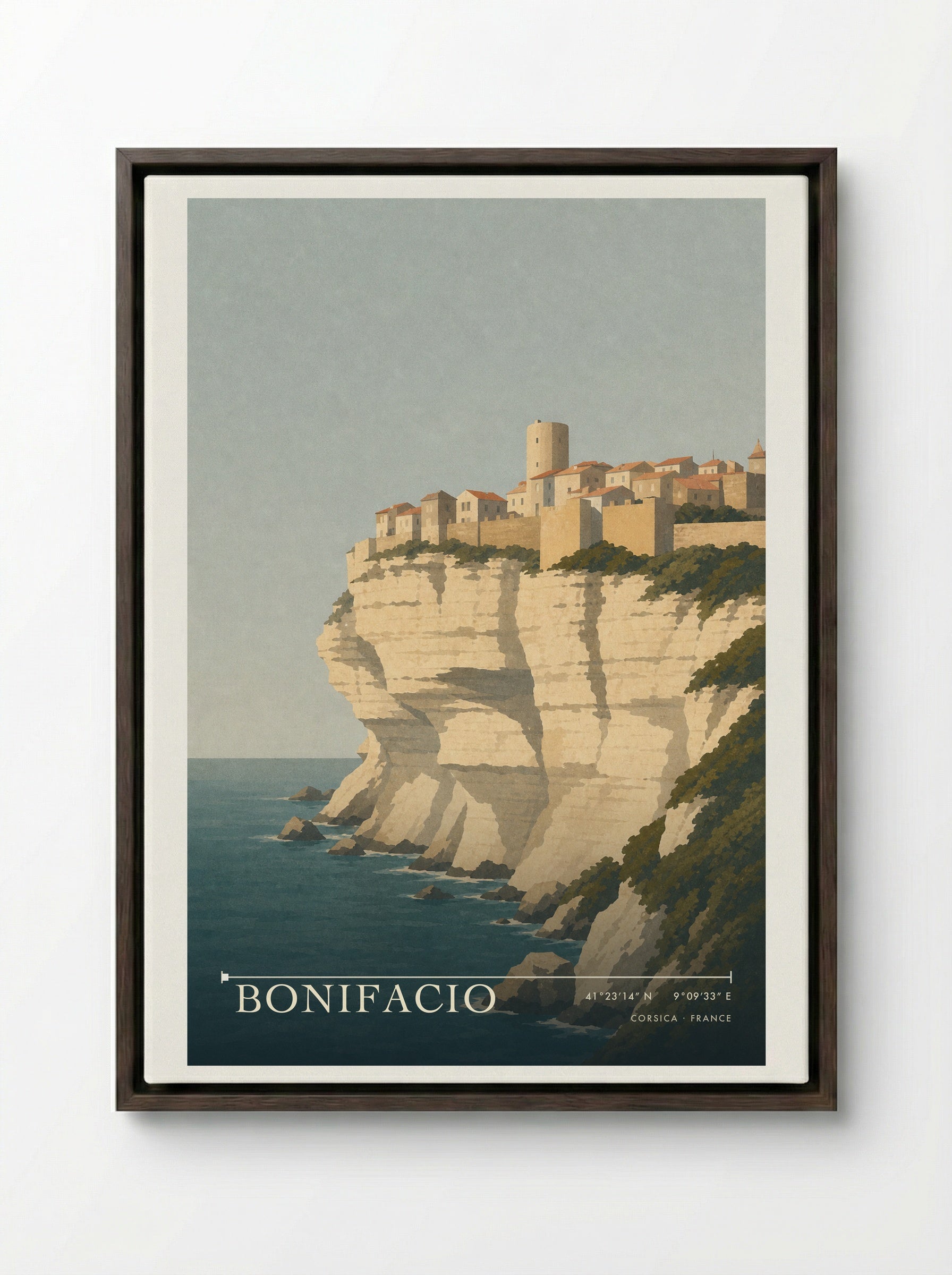 Bonifacio Travel Poster Artwork - Framed Canvas Dark Wood
