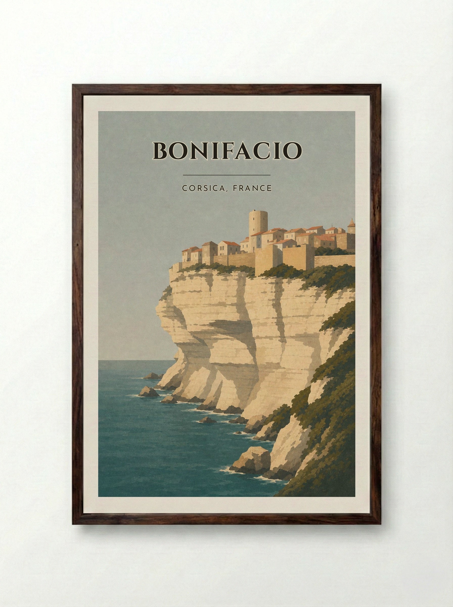 Bonifacio Travel Poster Artwork - Framed Print Dark Wood