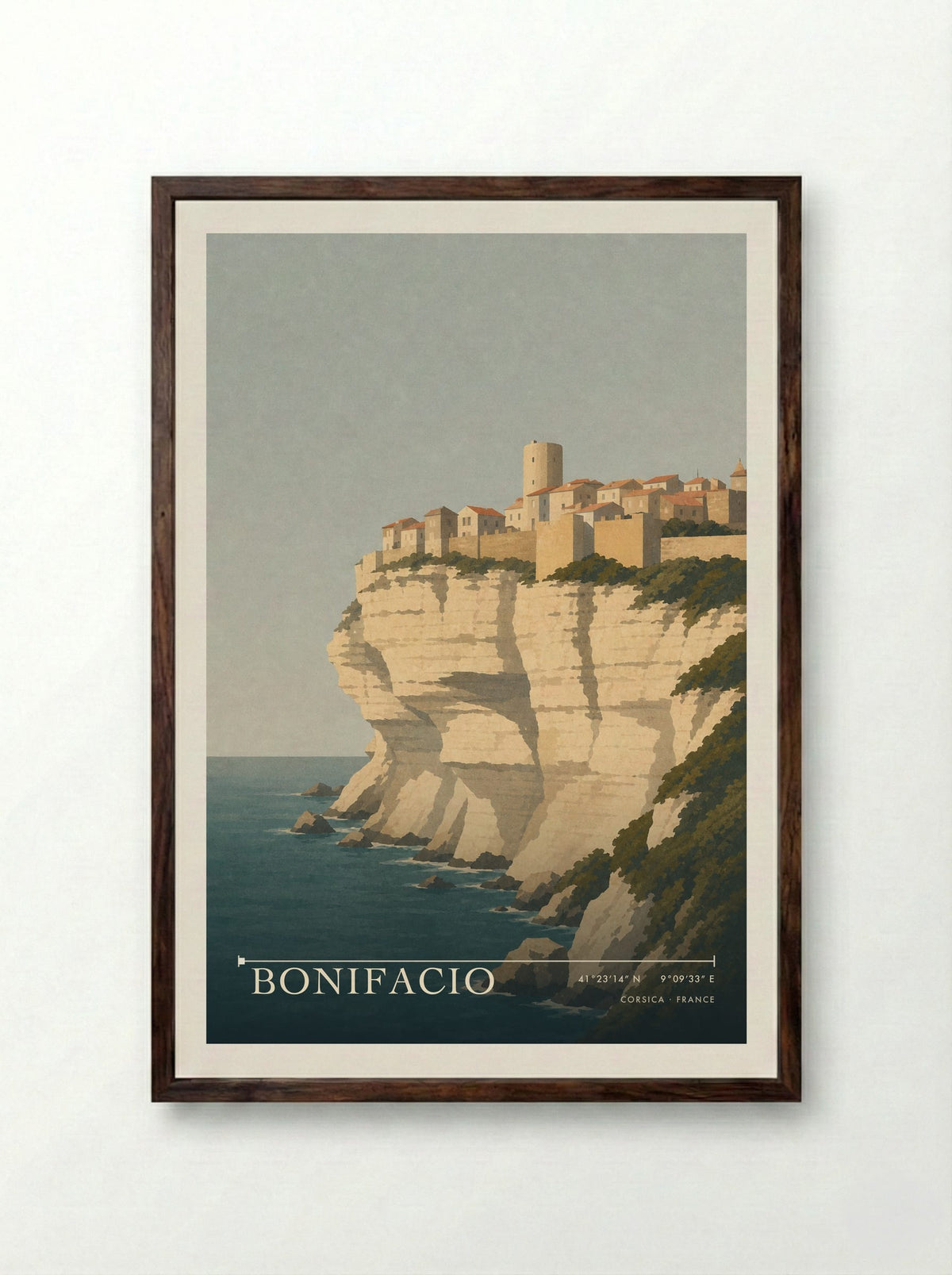 Bonifacio Travel Poster Artwork - Framed Print Dark Wood