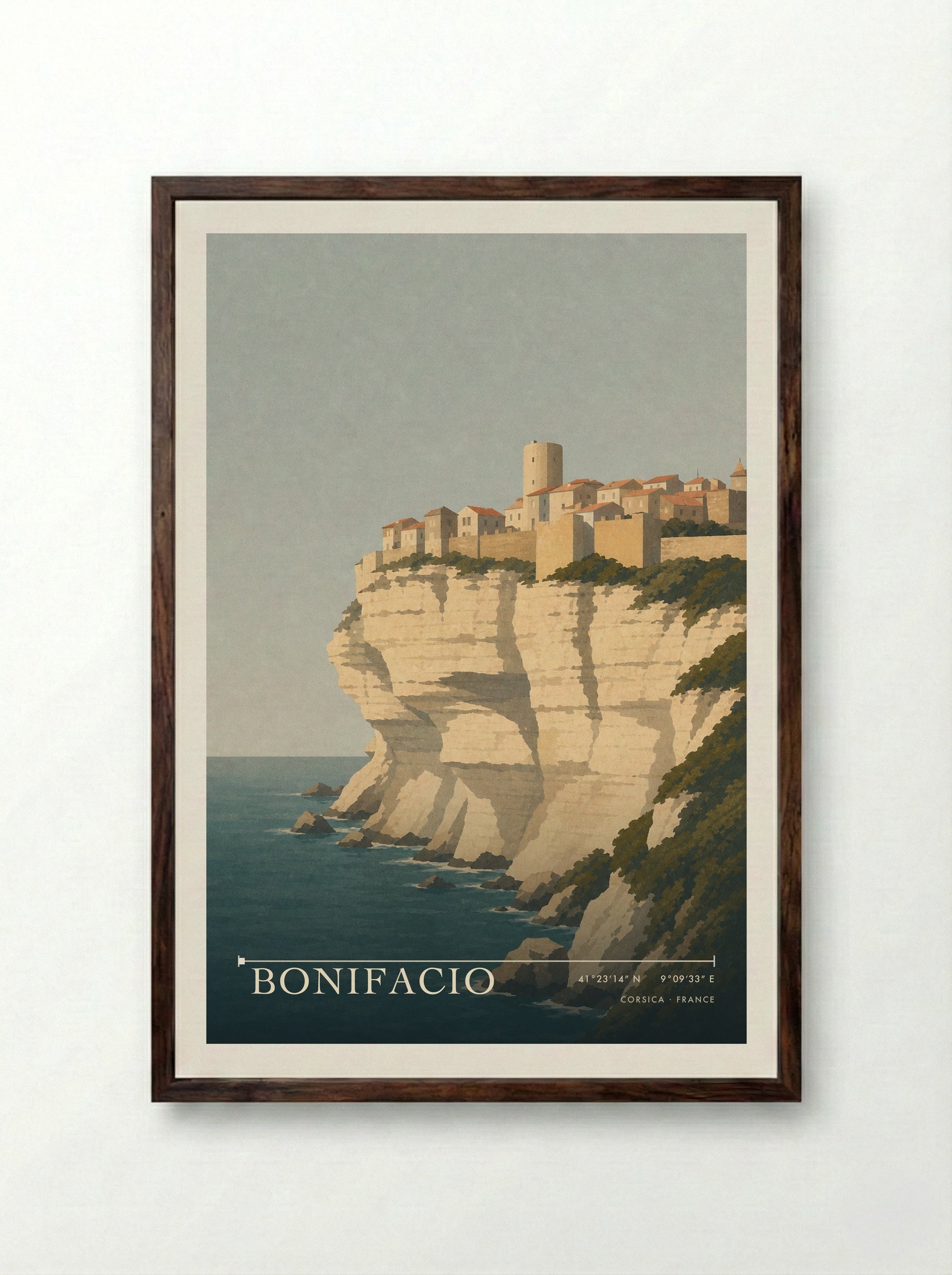 Bonifacio Travel Poster Artwork - Framed Print Dark Wood