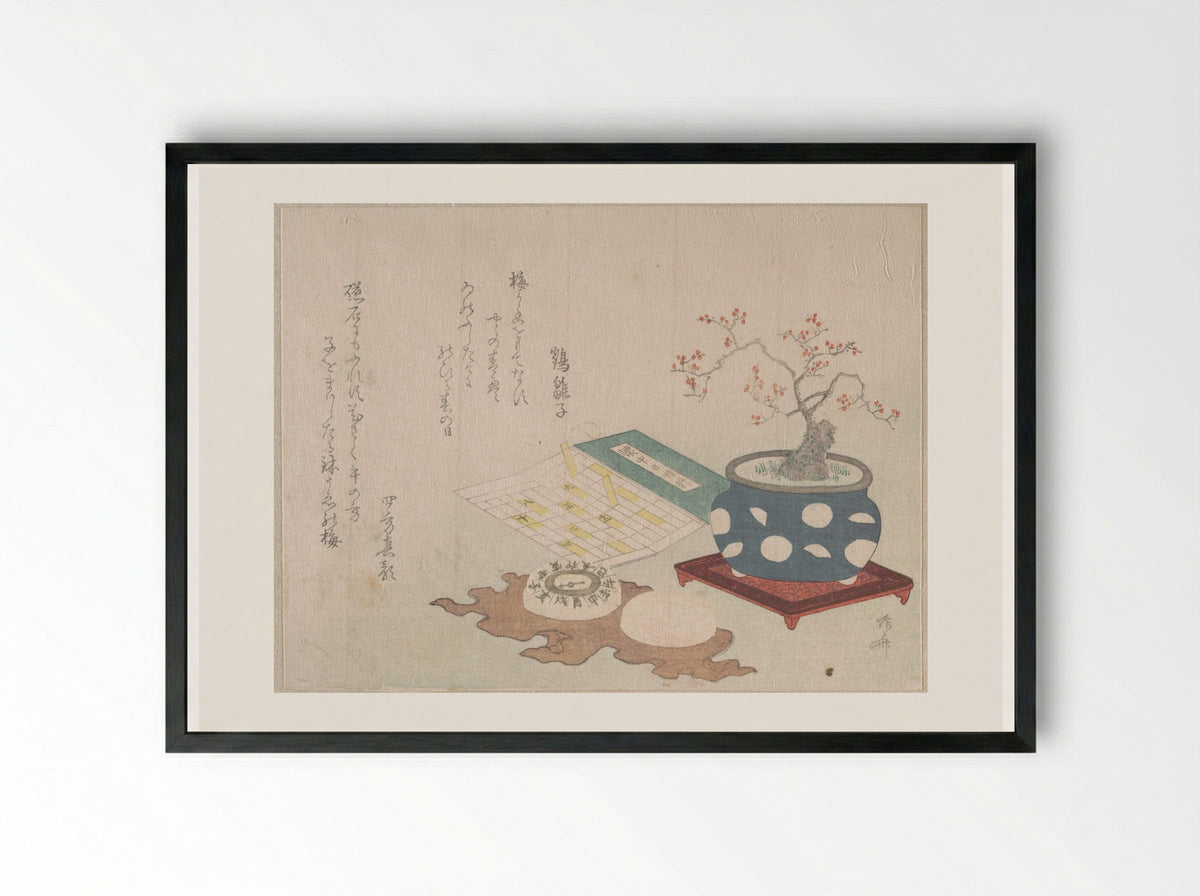 Bonsai Plum, Compass, and Pocket Sundial - Ryūryūkyo Shinsai - Framed Print Black