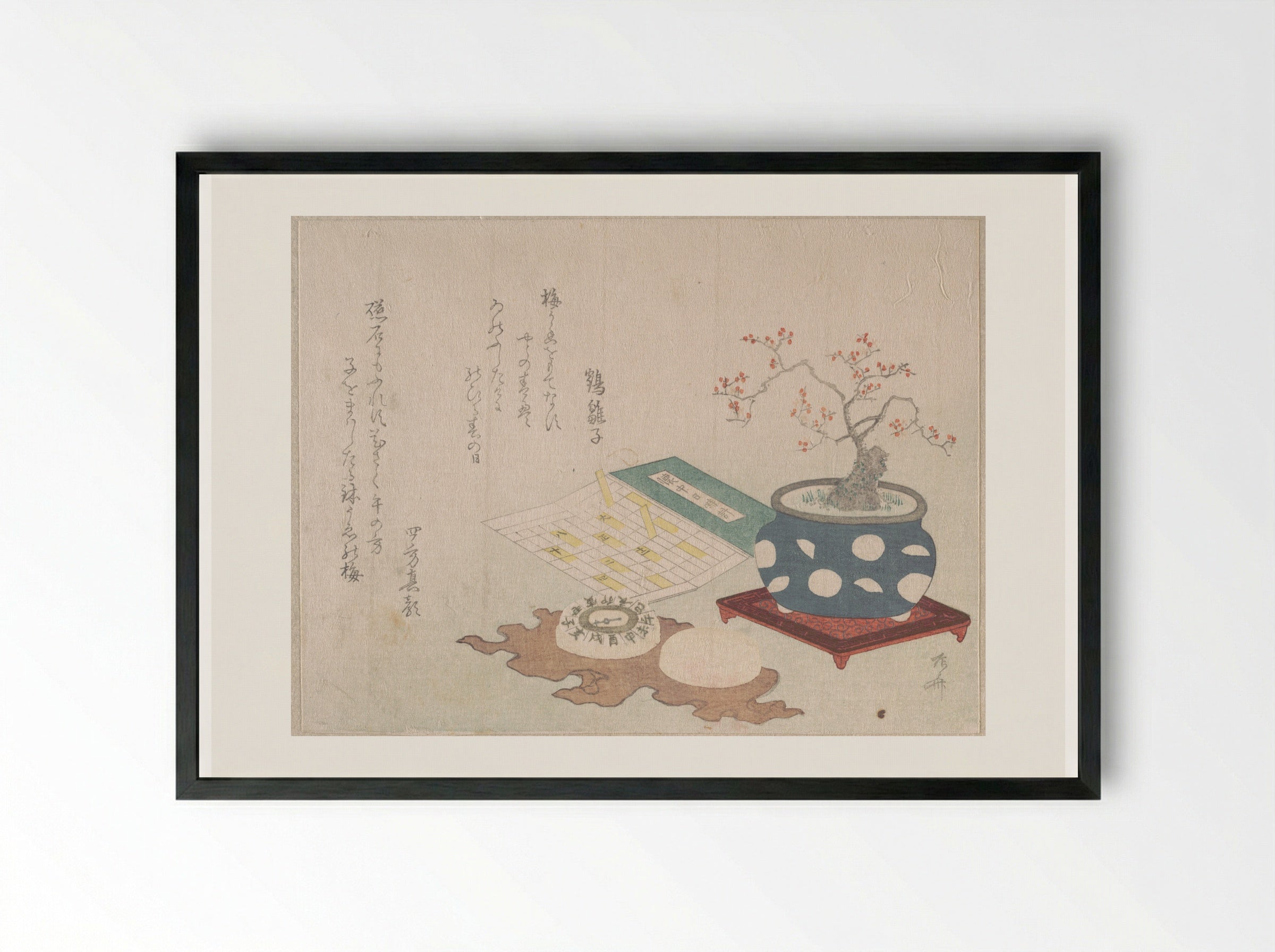 Bonsai Plum, Compass, and Pocket Sundial - Ryūryūkyo Shinsai - Framed Print Black