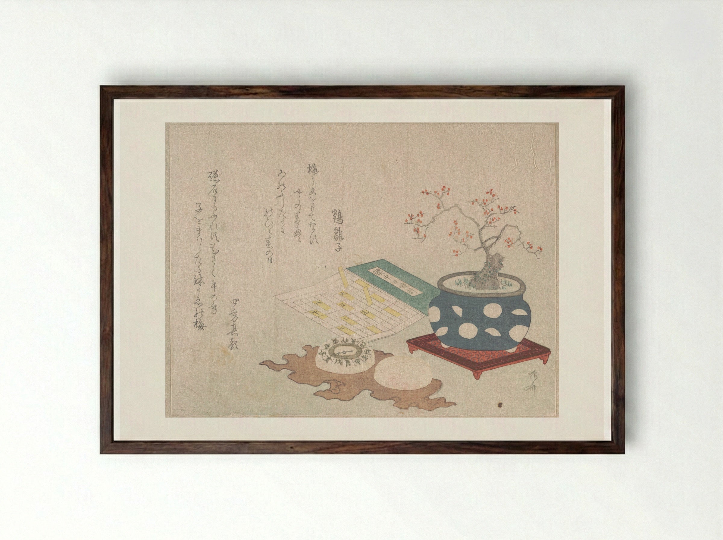 Bonsai Plum, Compass, and Pocket Sundial - Ryūryūkyo Shinsai - Framed Print Dark Wood