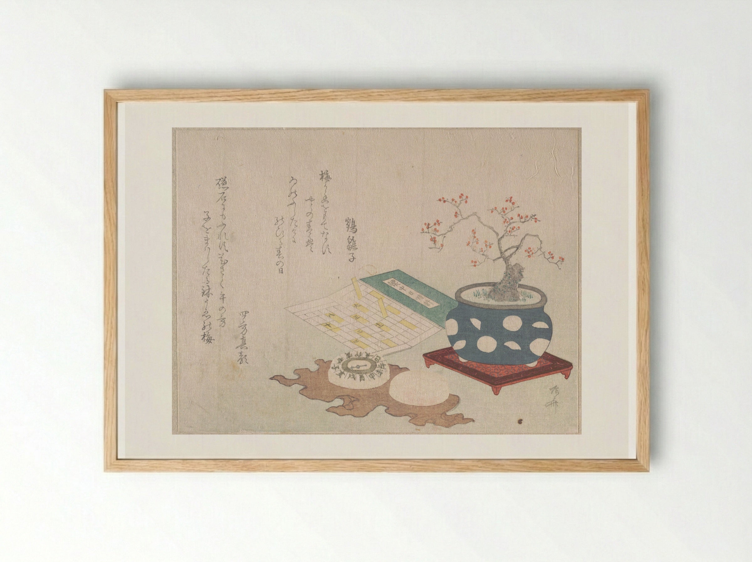 Bonsai Plum, Compass, and Pocket Sundial - Ryūryūkyo Shinsai - Framed Print Wood