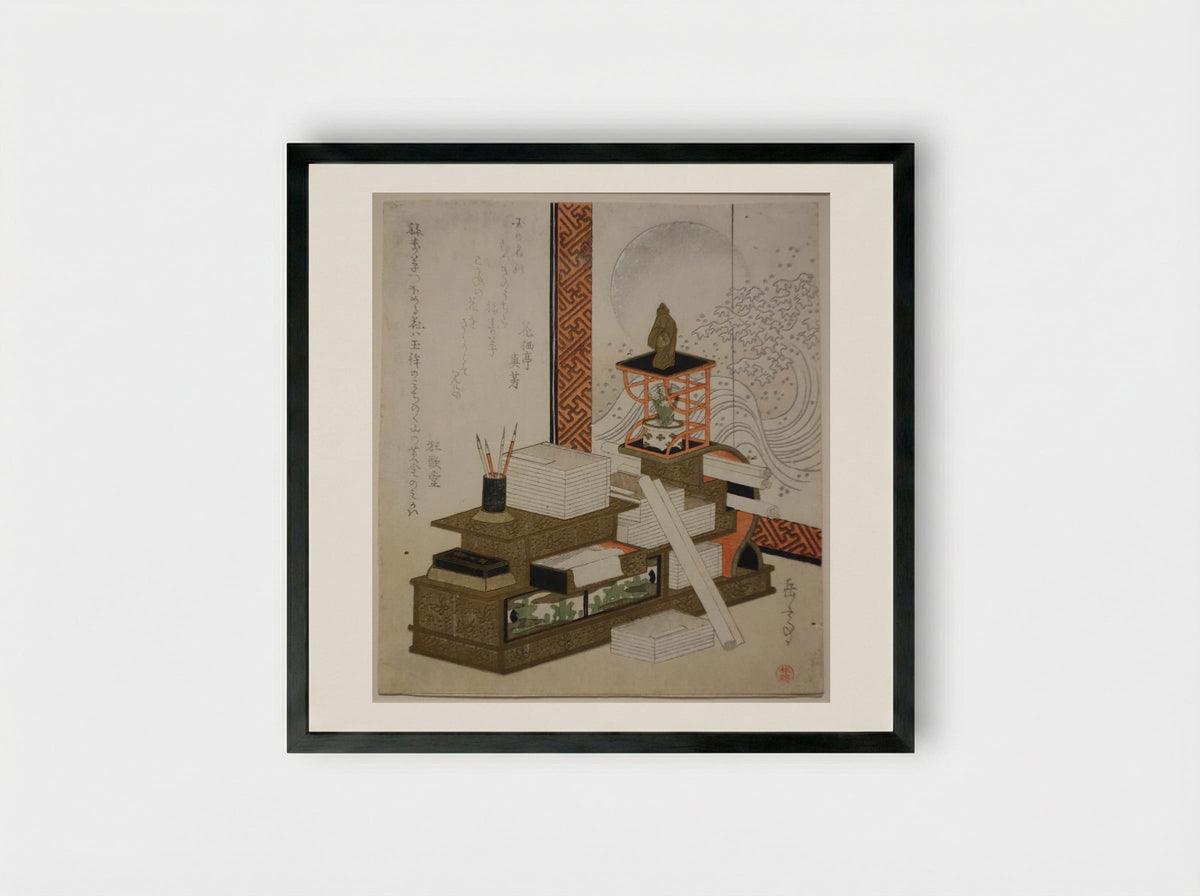 Bookcase with Writing Utensils, Books, and Potted Adonis - Yashima Gakutei - Framed Print Black