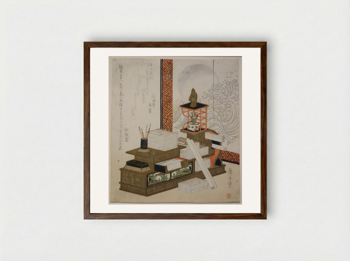 Bookcase with Writing Utensils, Books, and Potted Adonis - Yashima Gakutei - Framed Print Dark Wood