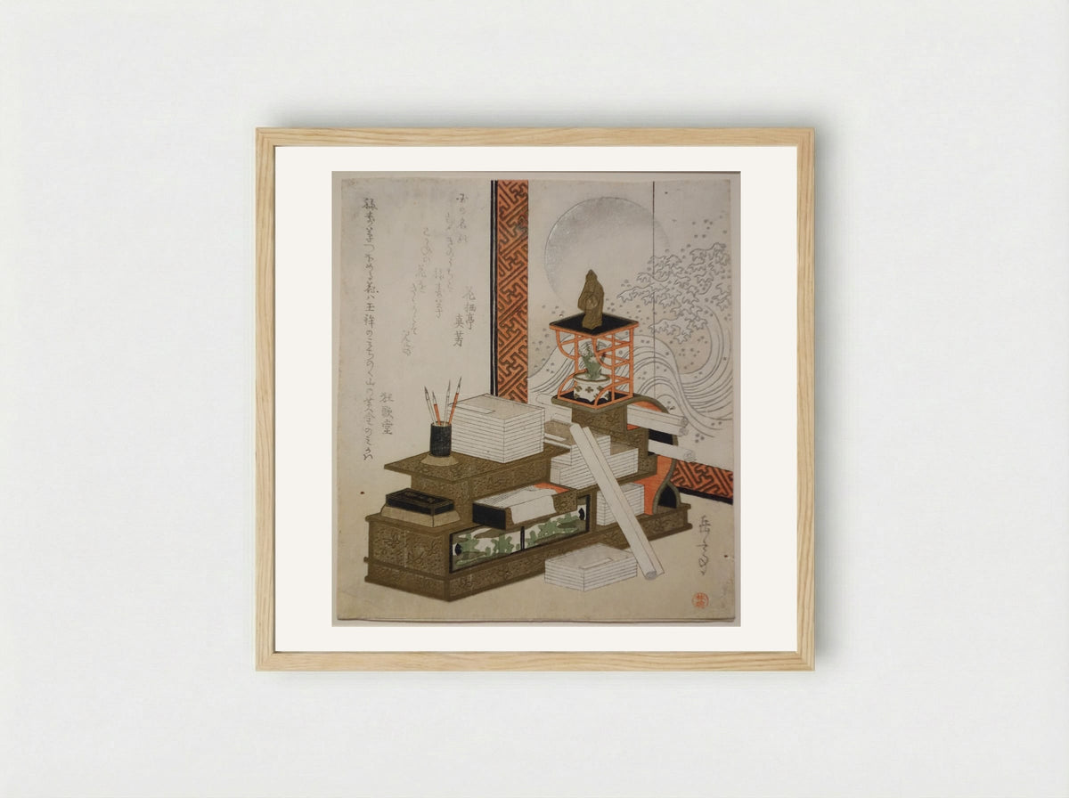Bookcase with Writing Utensils, Books, and Potted Adonis - Yashima Gakutei - Framed Print Wood