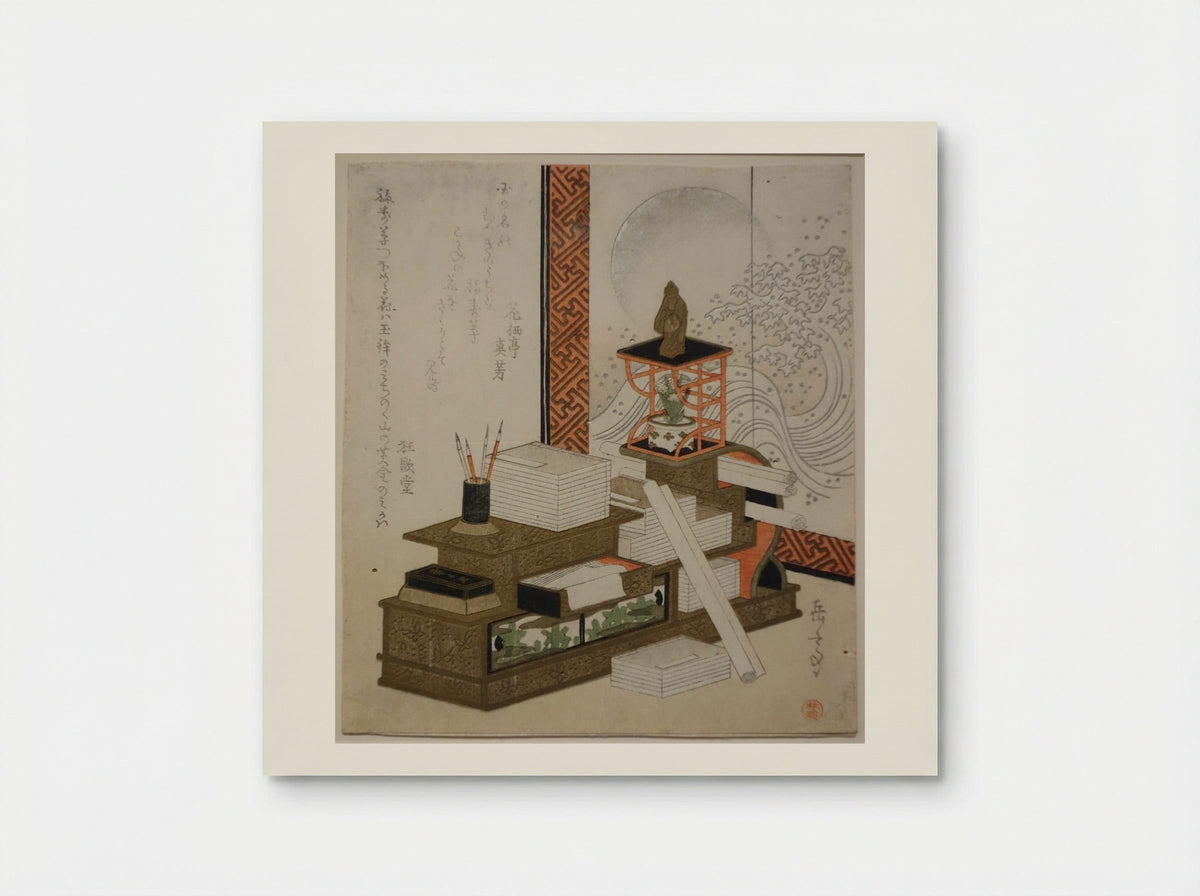Bookcase with Writing Utensils, Books, and Potted Adonis - Yashima Gakutei - Poster