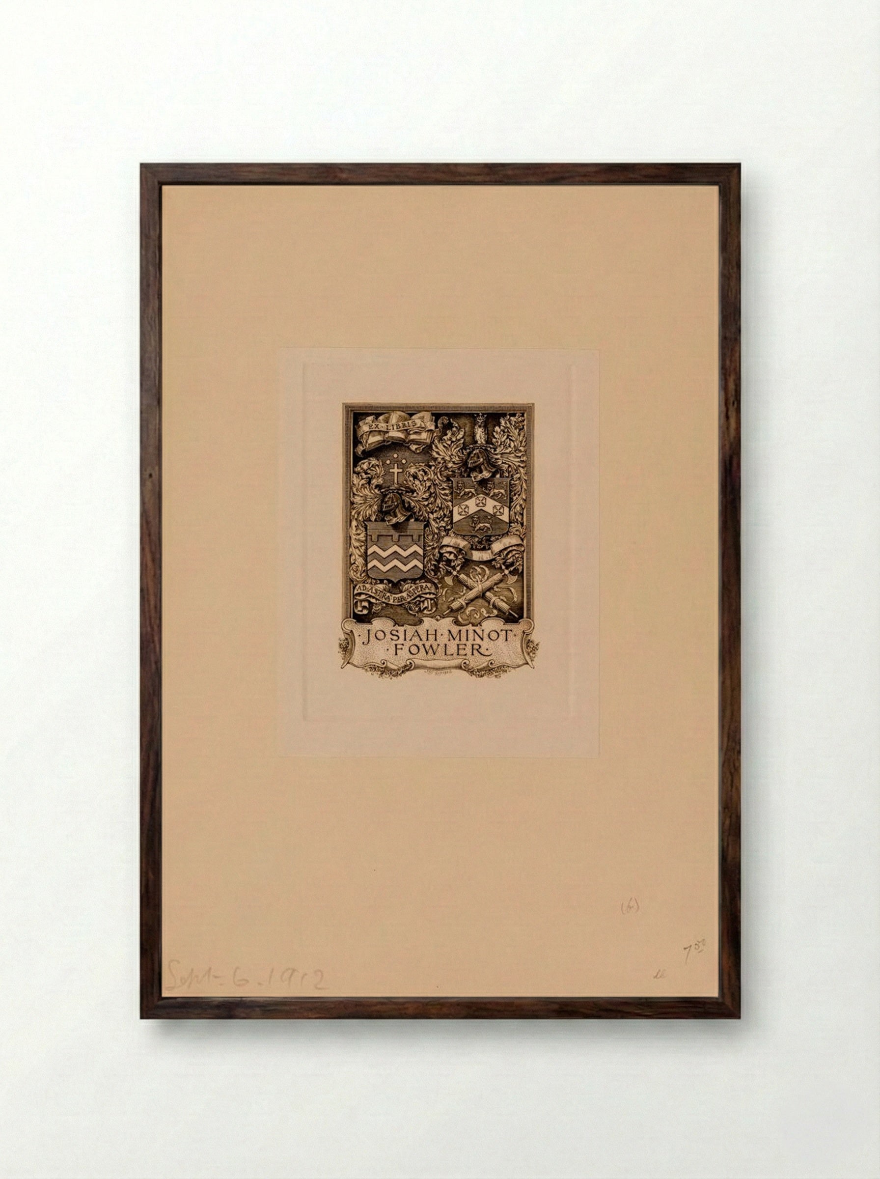Bookplate of Josiah Minot Fowler - Sidney L. Smith - Framed Print Dark Wood