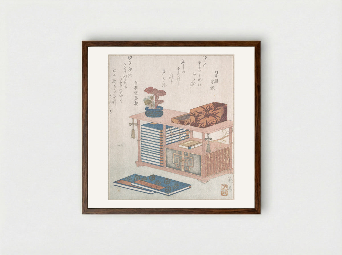 Books and a Bookcase - Keisai Eisen - Framed Print Dark Wood