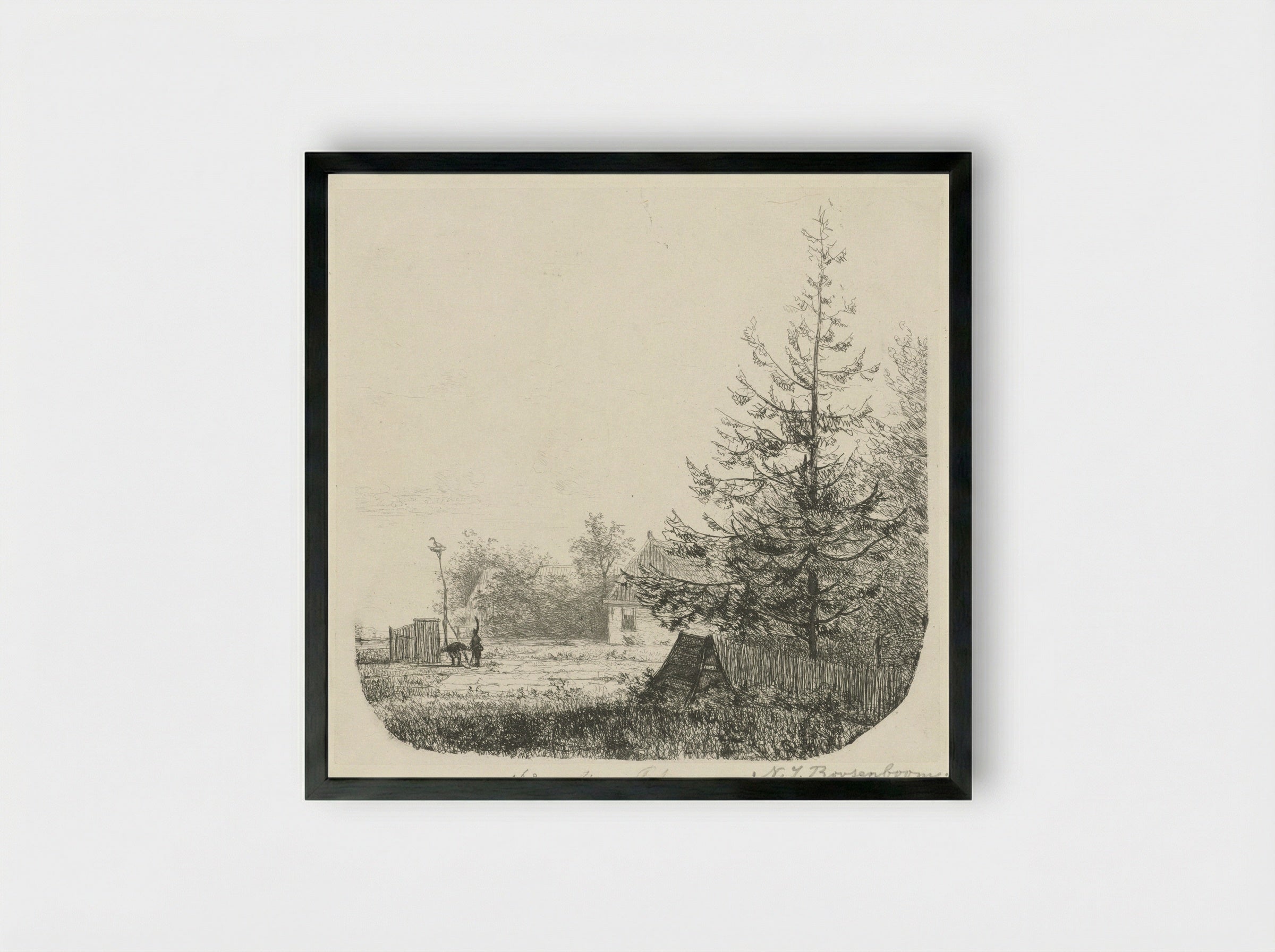 Boomrijk landschap met een ooievaarsnest - Nicolaas Johannes Roosenboom - Framed Print Black