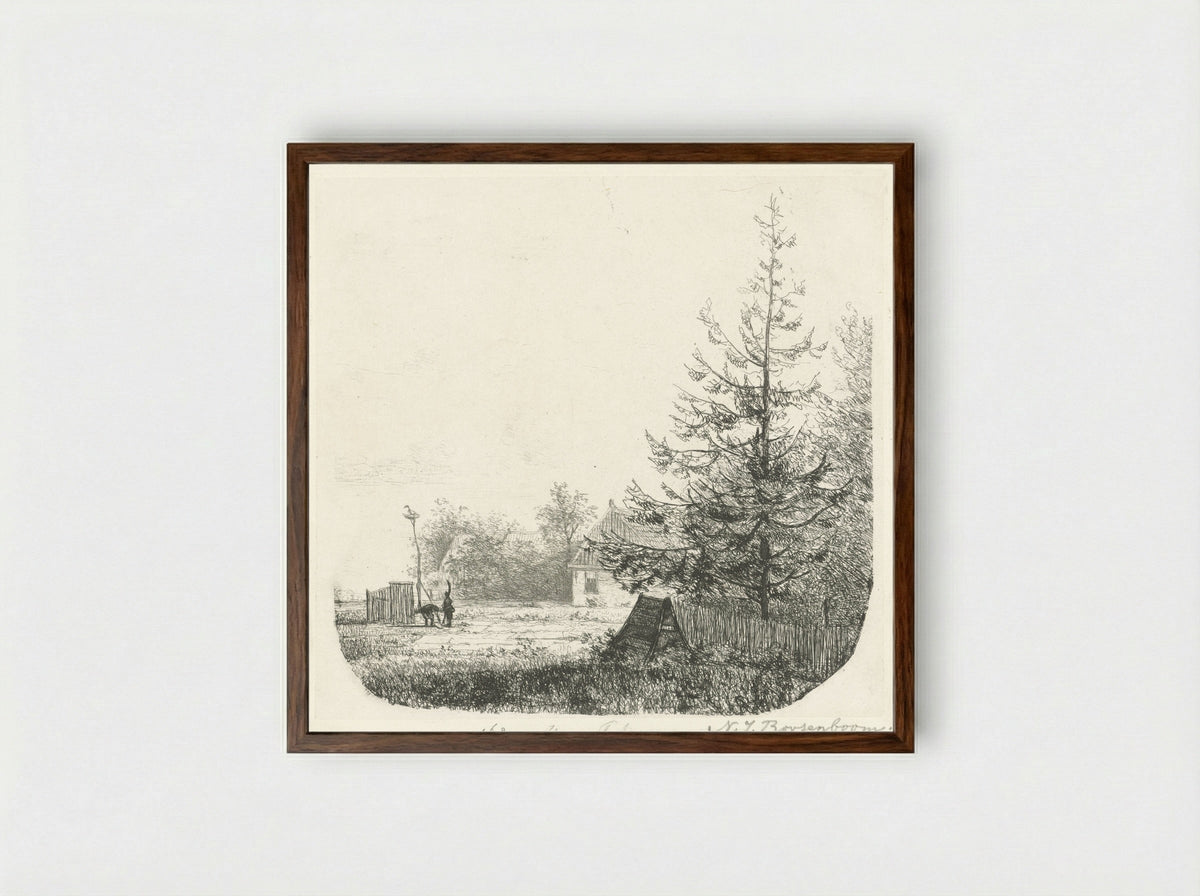 Boomrijk landschap met een ooievaarsnest - Nicolaas Johannes Roosenboom - Framed Print Dark Wood