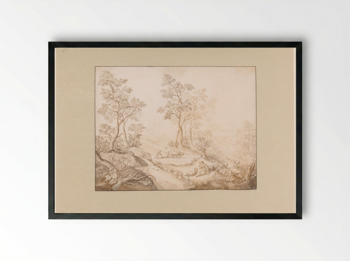 Boomrijk landschap met vrouw, man en een boer - Pieter de Porck - Framed Print Black