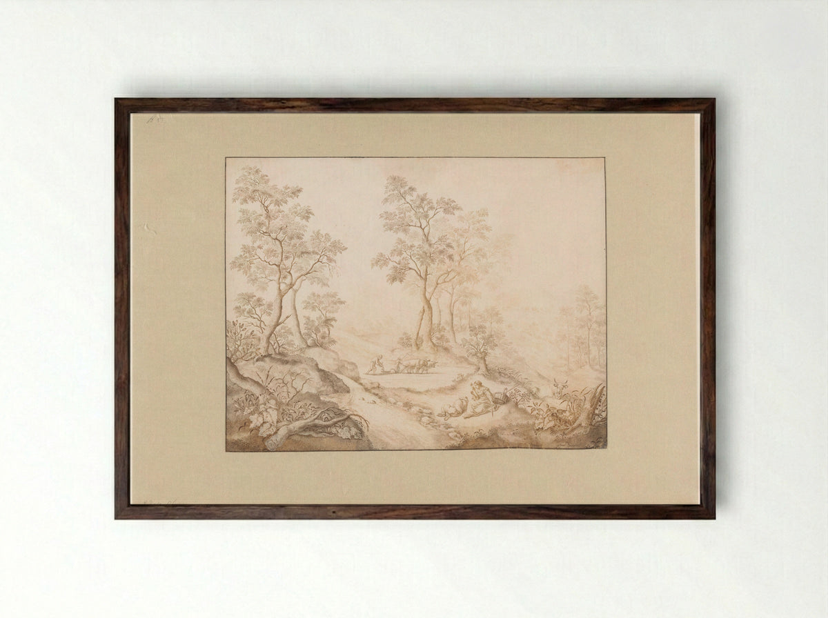 Boomrijk landschap met vrouw, man en een boer - Pieter de Porck - Framed Print Dark Wood