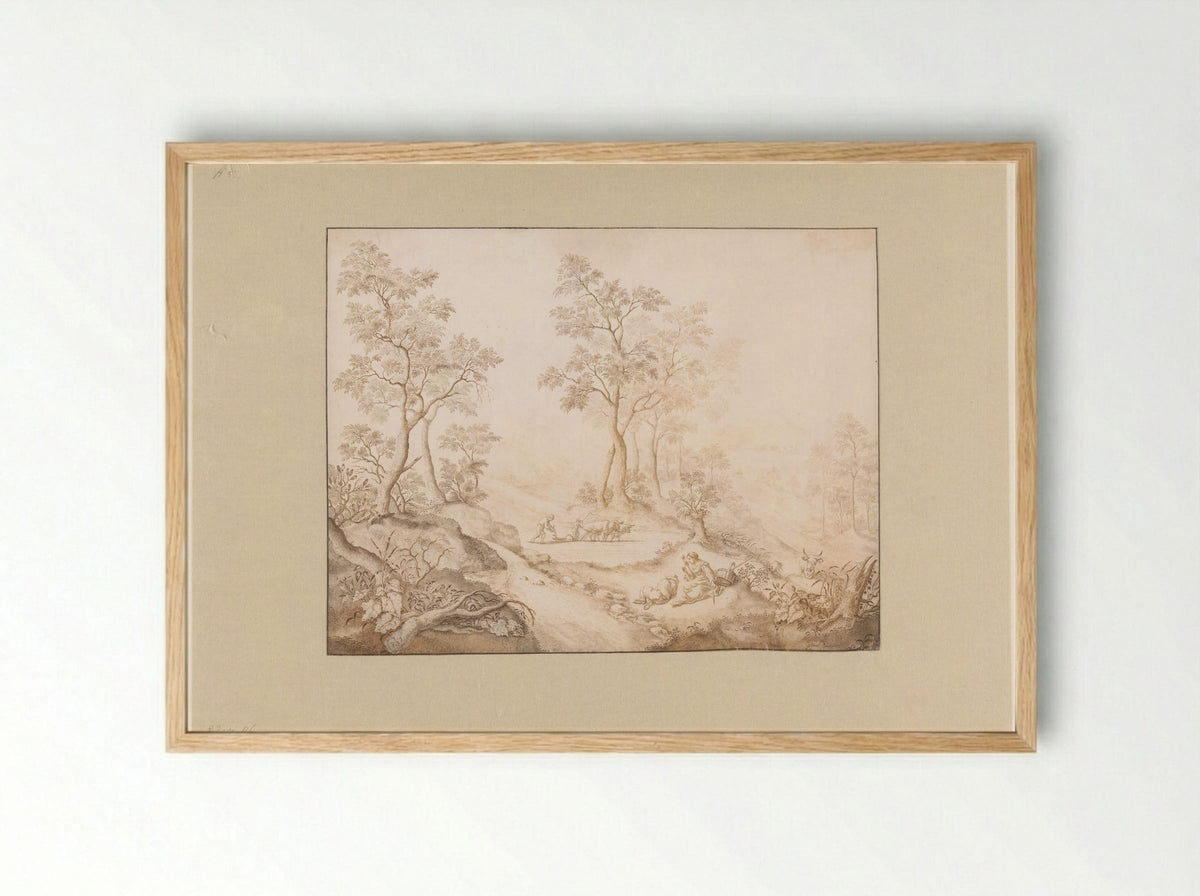 Boomrijk landschap met vrouw, man en een boer - Pieter de Porck - Framed Print Wood
