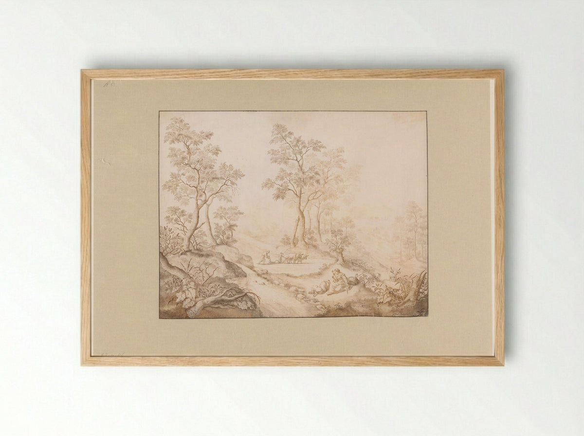 Boomrijk landschap met vrouw, man en een boer - Pieter de Porck - Framed Print Wood